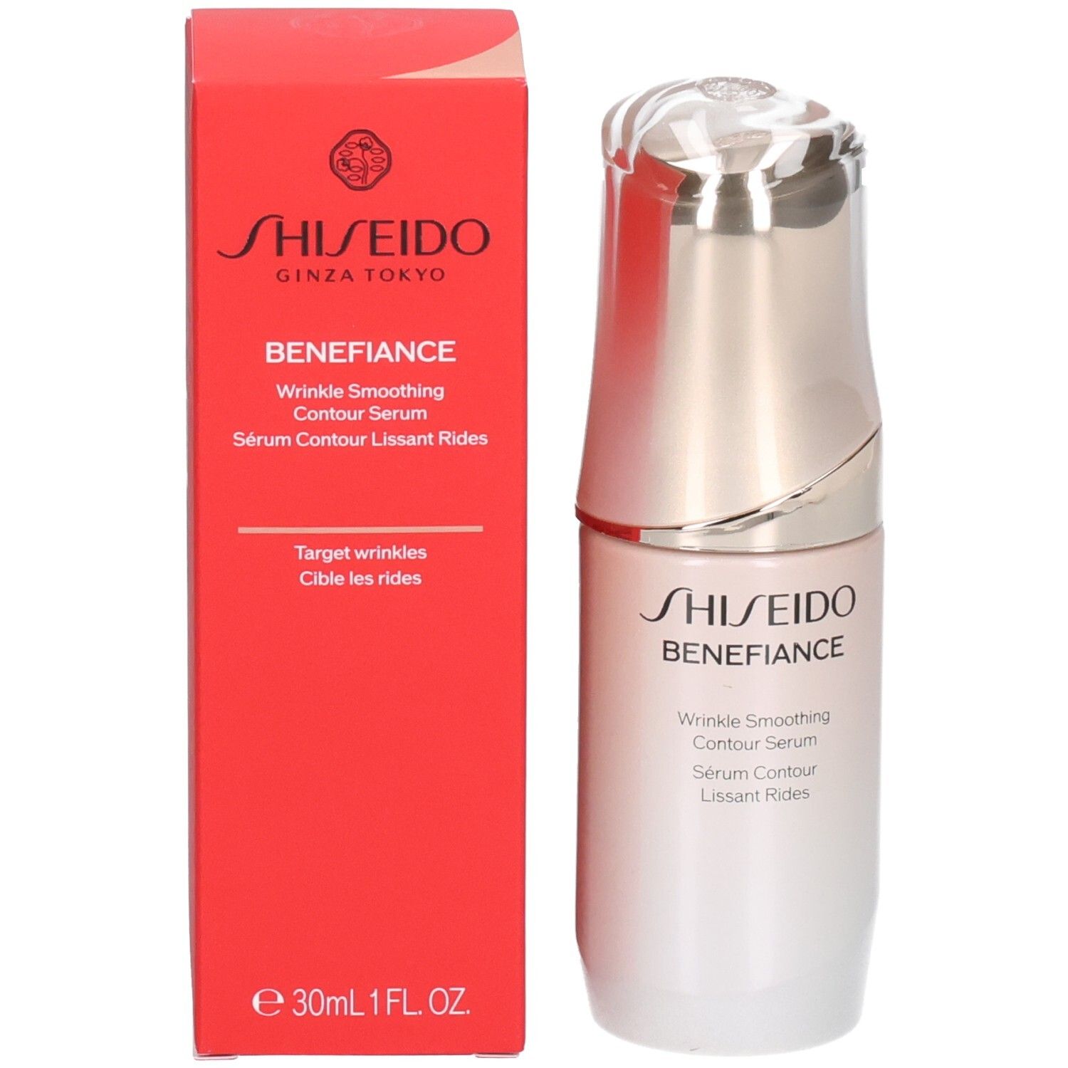 Shiseido Benefiance rimpelgladmakend contourserum en de rode verpakking.