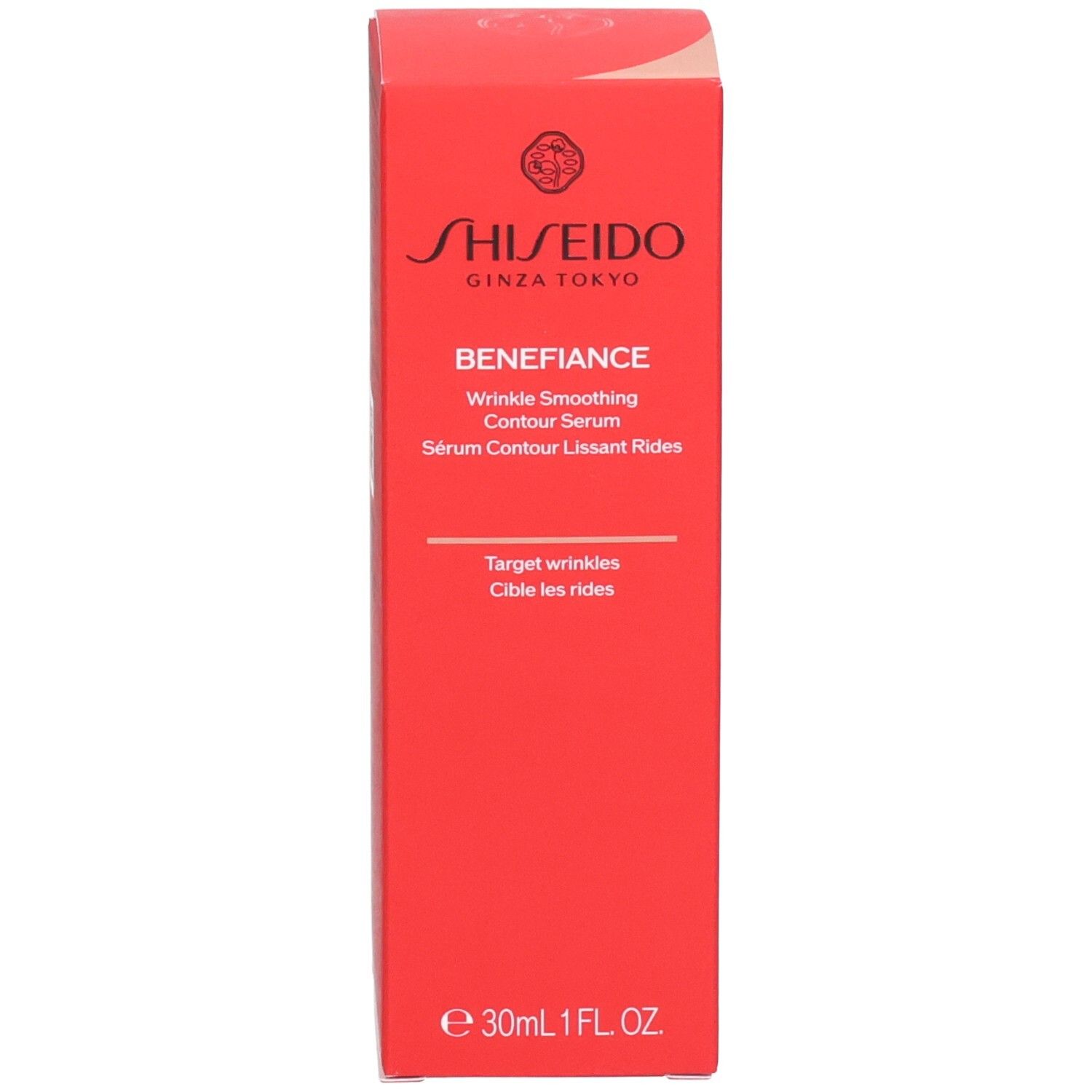 Rode verpakking van het Shiseido Benefiance rimpelgladmakende contourserum met productinformatie.