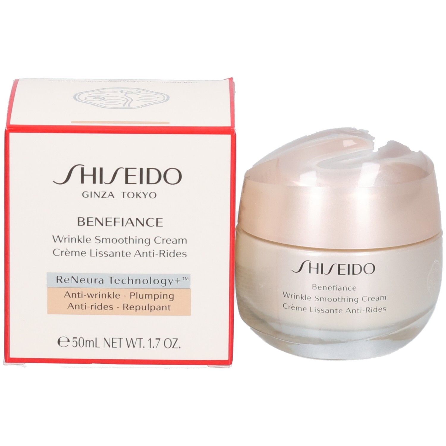 Shiseido Benefiance rimpel gladmakende crème in een crèmekleurige pot met bijpassende doos.