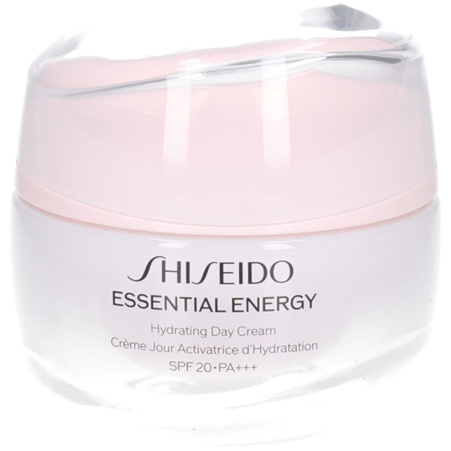 Crème de jour hydratante Shiseido Essential Energy avec SPF 20 PA+++ dans un pot blanc avec un couvercle rose.