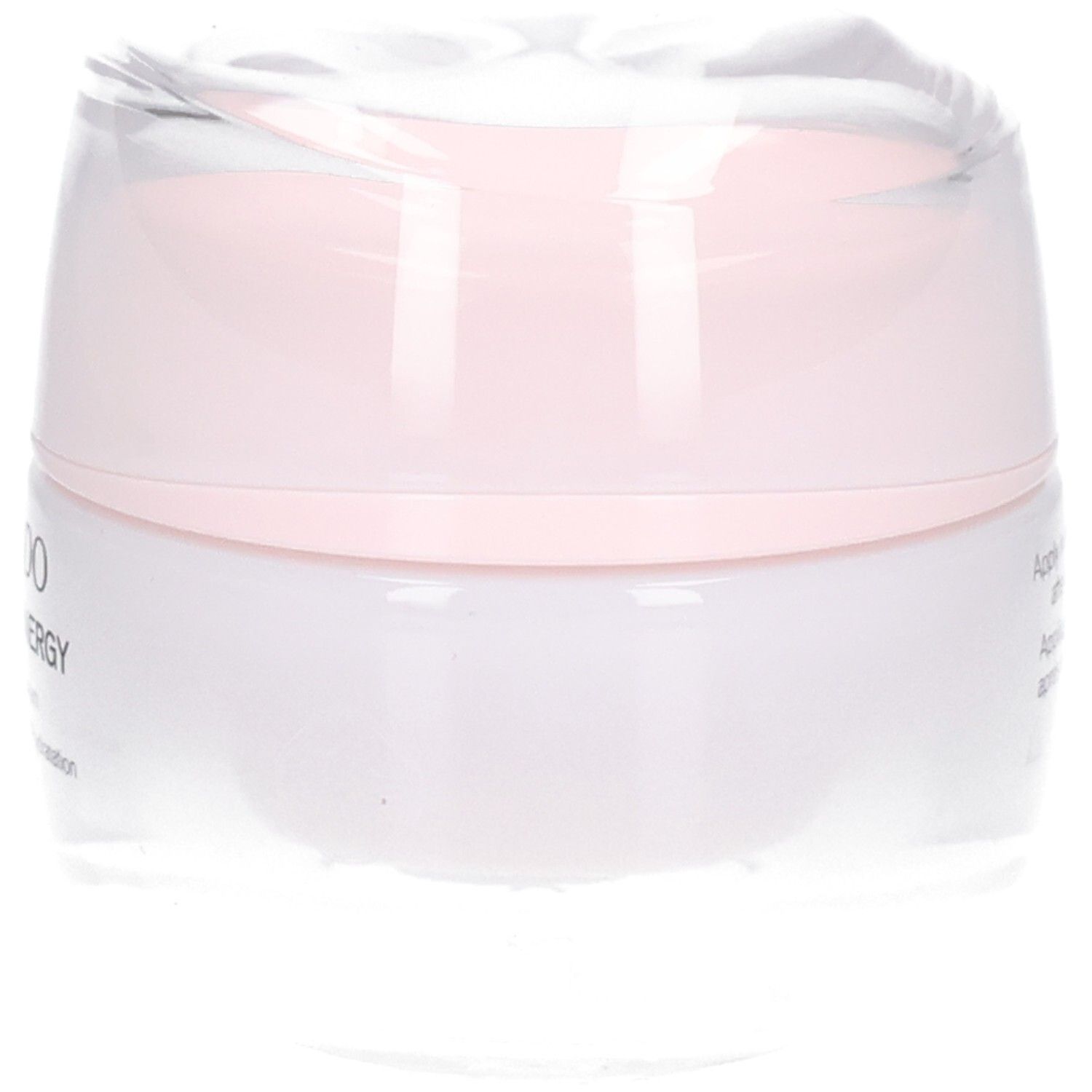 Crème hydratante Shiseido Essential Energy dans un pot blanc avec couvercle rose, scellé par un film transparent.