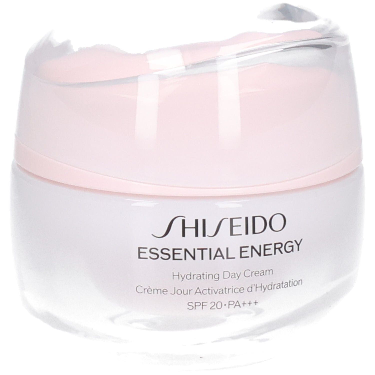 Shiseido Essential Energy Hydrating Day Cream SPF 20 PA+++ dans un pot blanc avec couvercle rose.