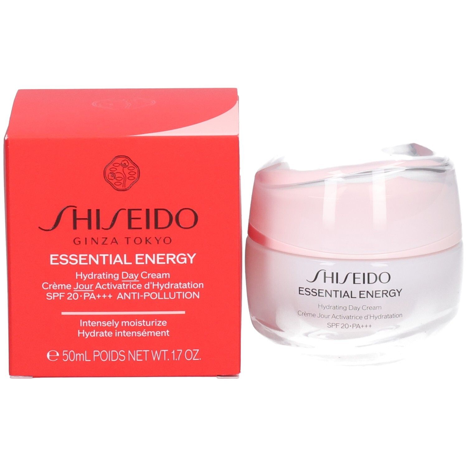 Crème de jour hydratante Shiseido Essential Energy (50ml) à côté de son emballage rouge.