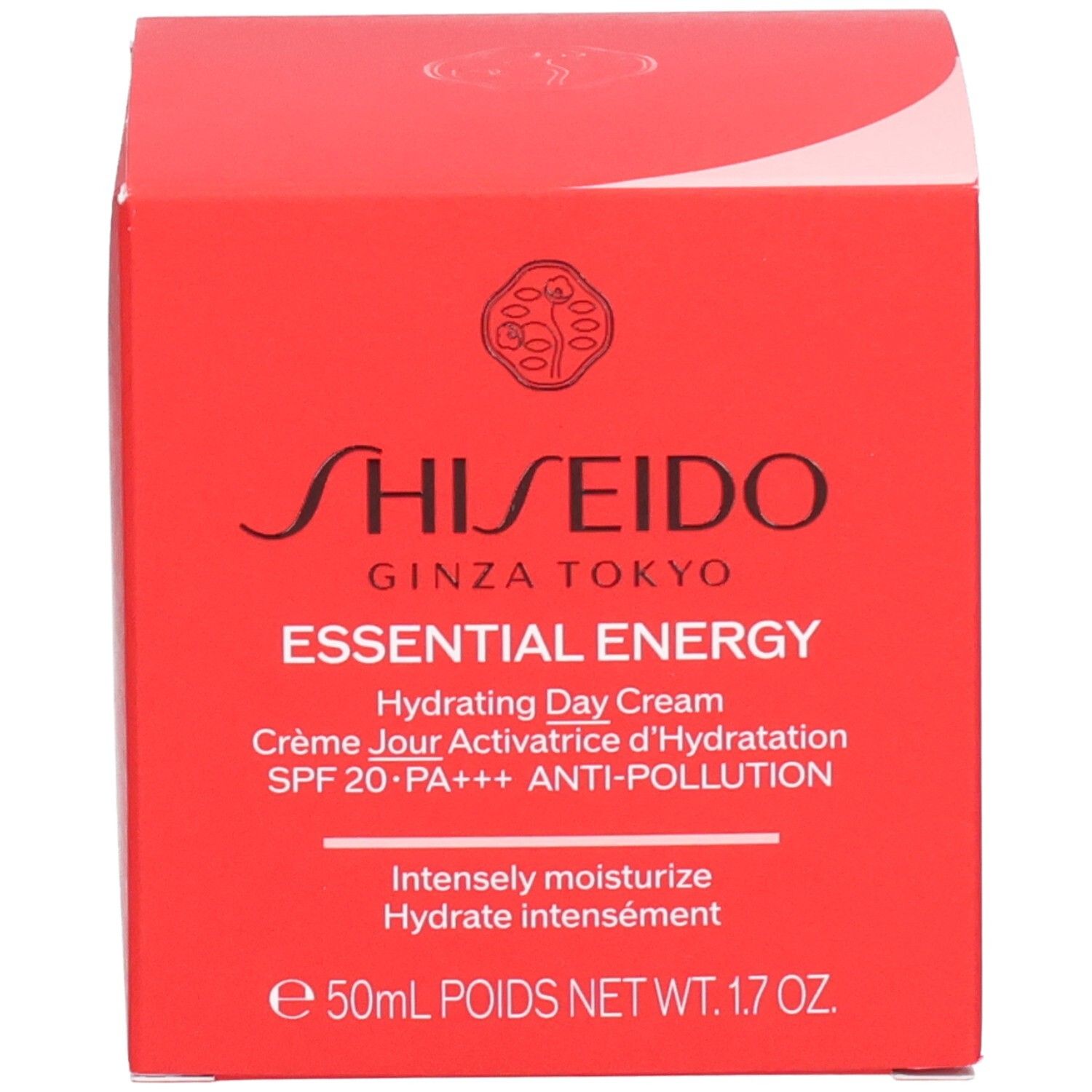 Boîte rouge Shiseido Essential Energy Crème de Jour avec informations produit et indication 50ml/1.7 OZ.