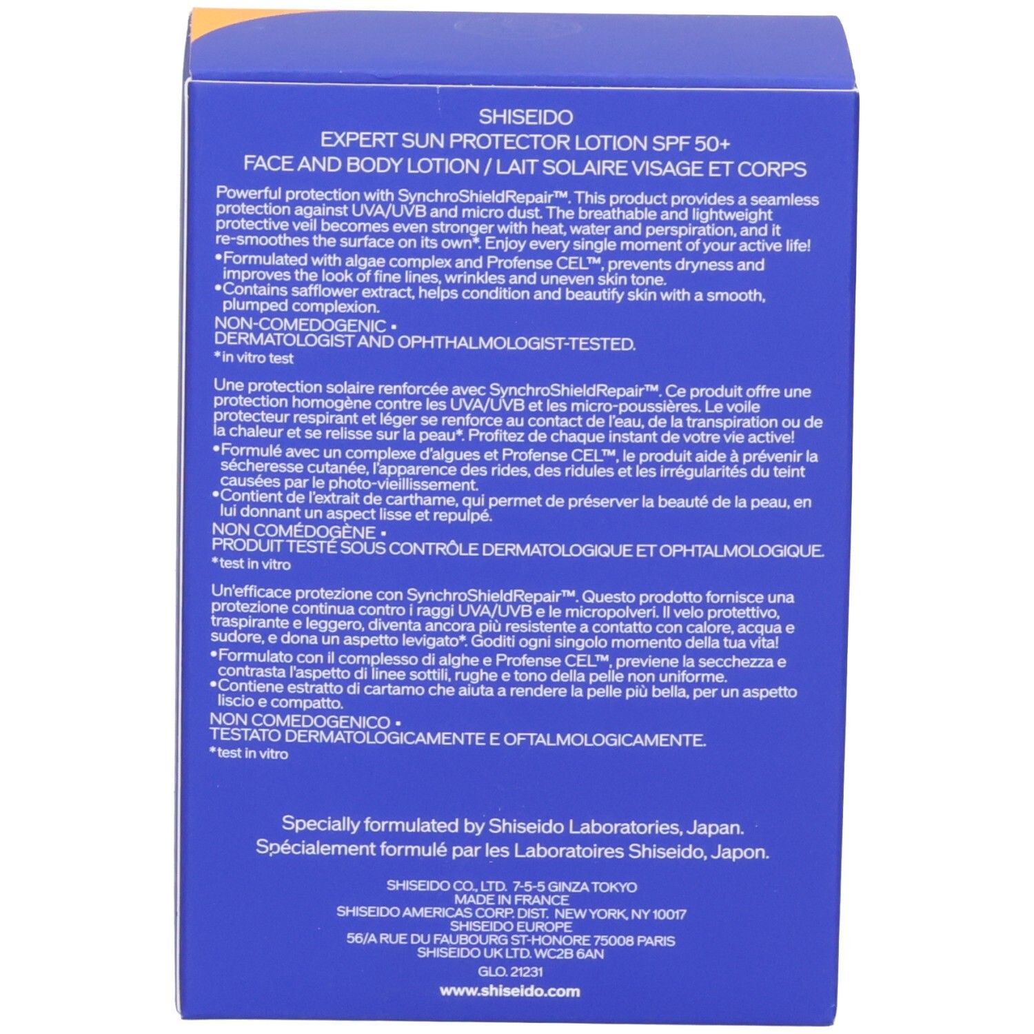 Arrière de la boîte SHISHEIDO Expert Sun Protector Lotion SPF50+.