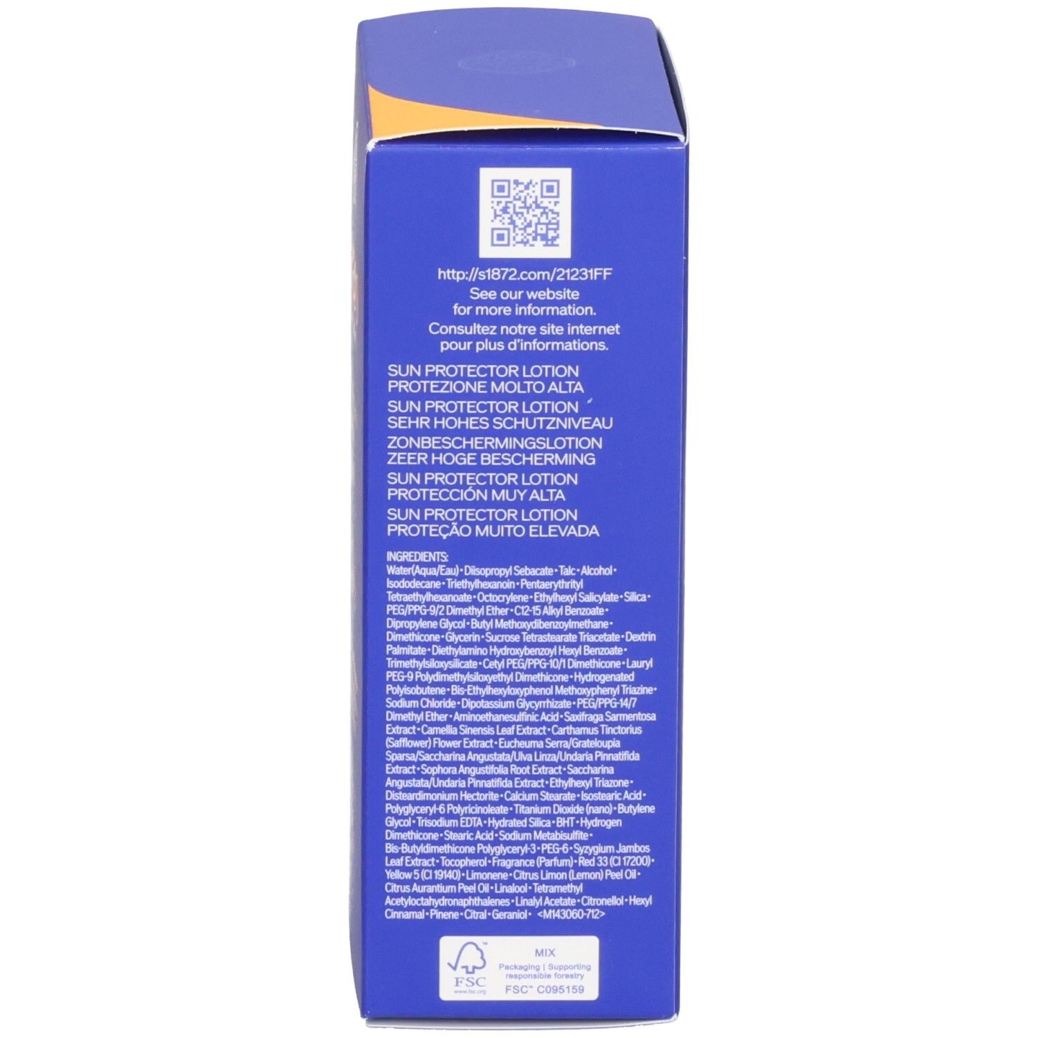 Vue latérale de la boîte SHISHEIDO Expert Sun Protector Lotion SPF50+ avec QR code.