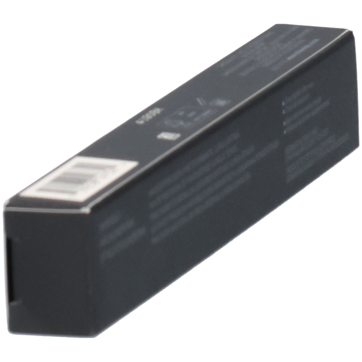Zwarte productverpakking met barcode en tekstinformatie.
