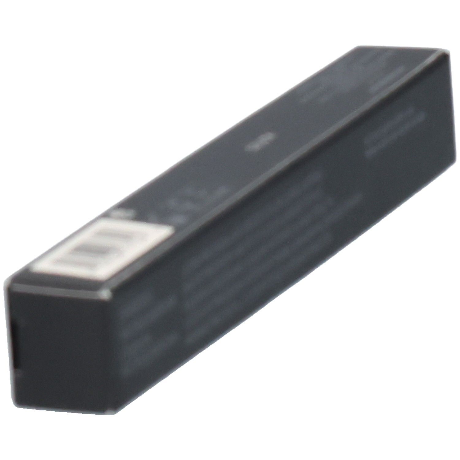 Zwarte productverpakking met barcode en tekst.
