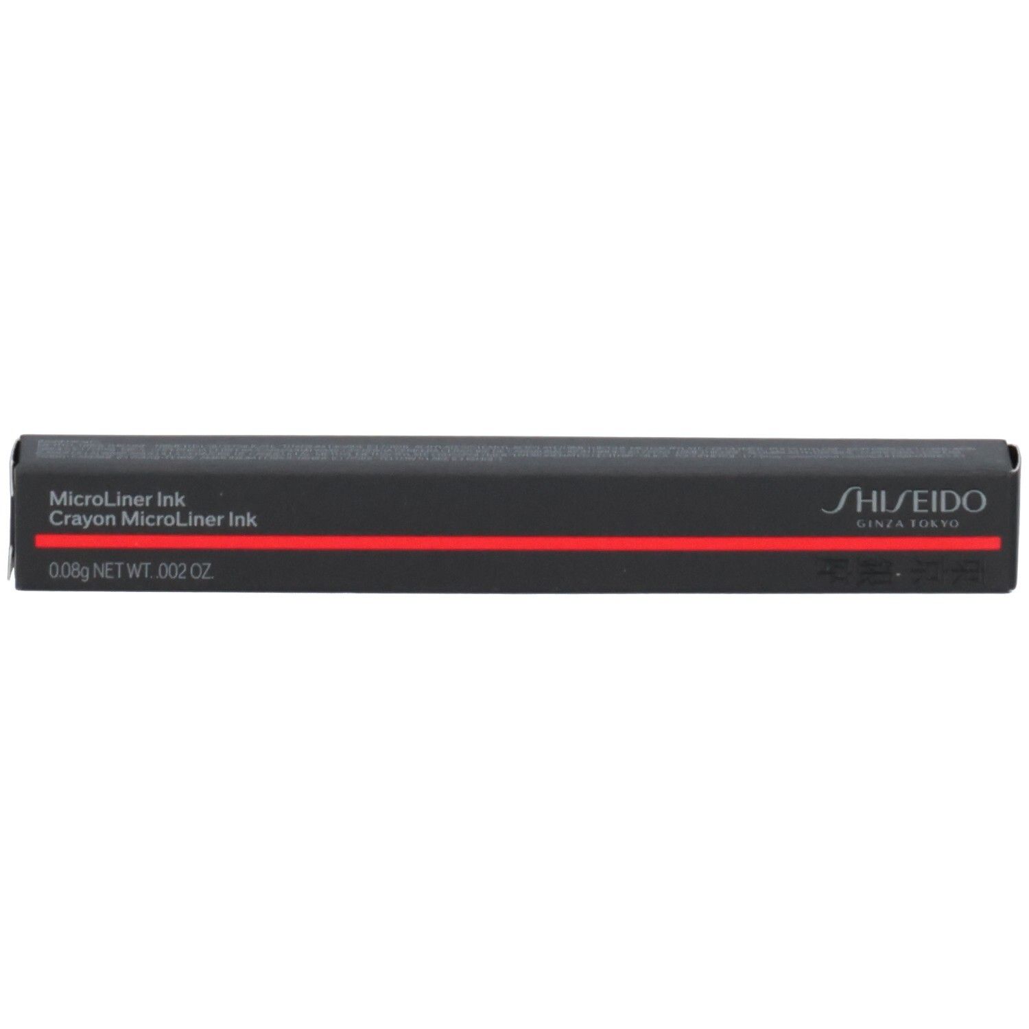 Shiseido Microliner Ink verpakking, zwart met rode streep en logo.