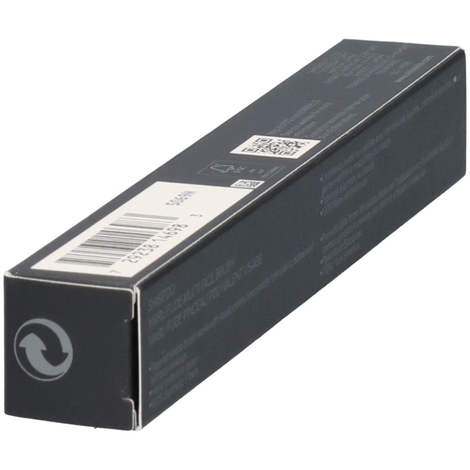 Zwarte productverpakking met barcode en recycling-symbool.