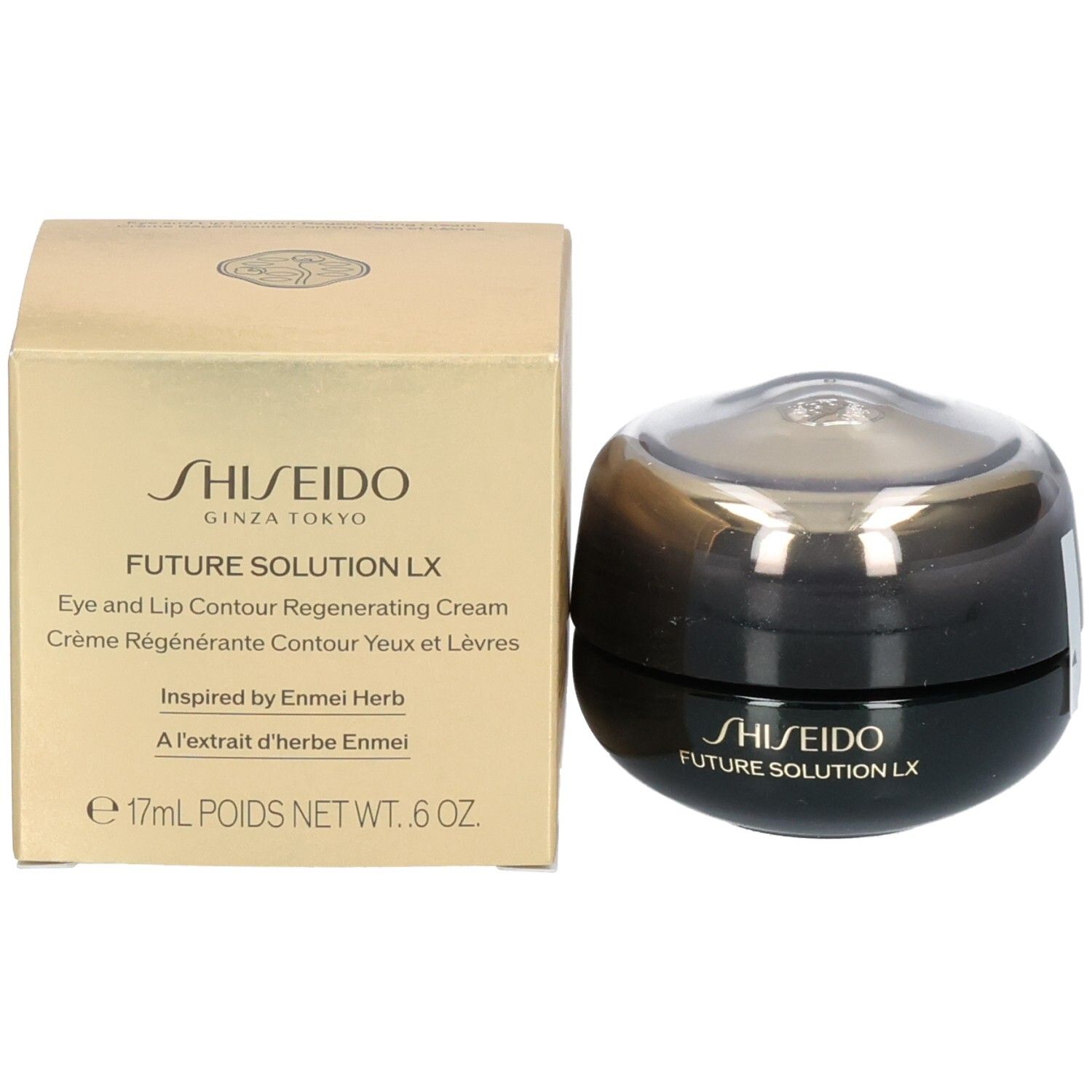 Crème régénérante contour yeux et lèvres Shiseido Future Solution LX en pot à côté de son emballage doré.