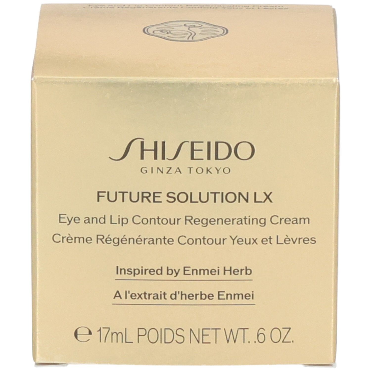 Shiseido Future Solution LX Crème Régénérante Contour Yeux et Lèvres, emballage doré avec informations produit.