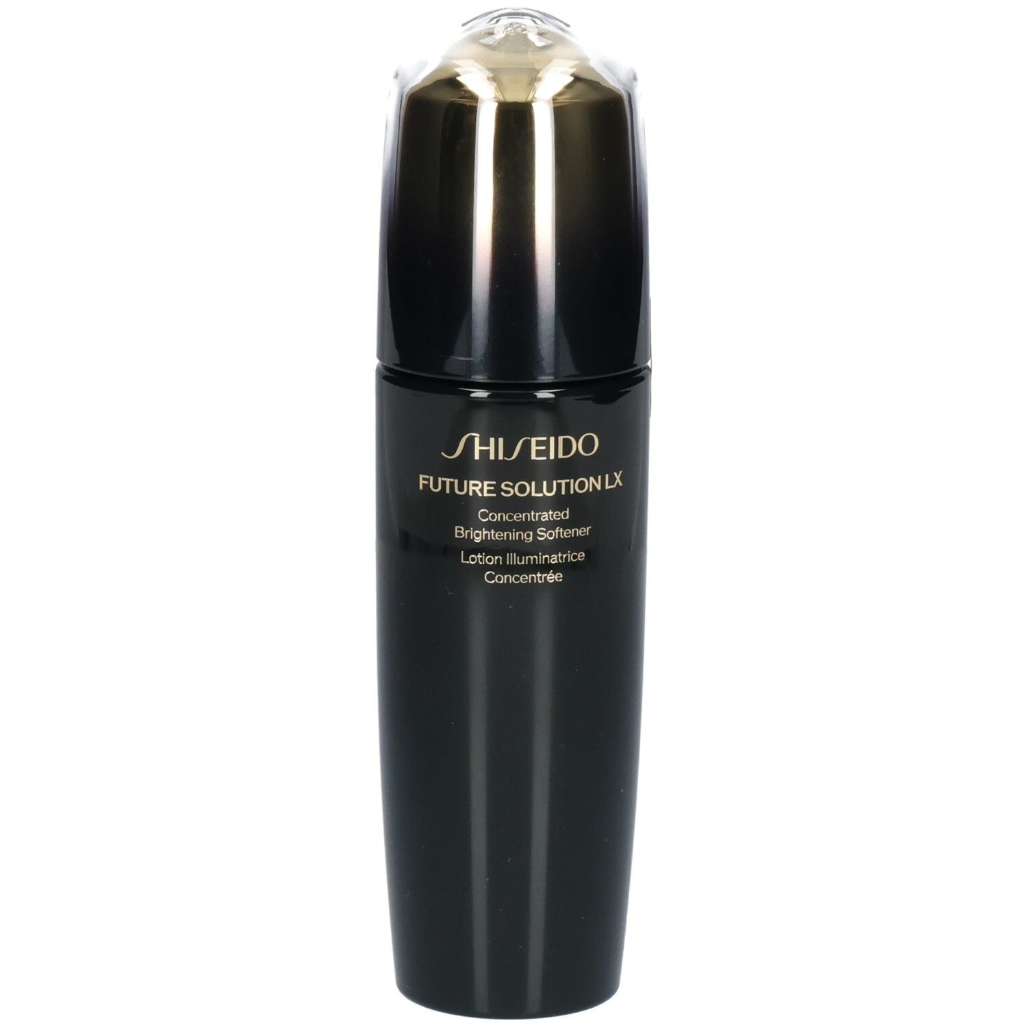 Flacon Shiseido Future Solution LX Brightening Softener, noir avec capuchon doré.