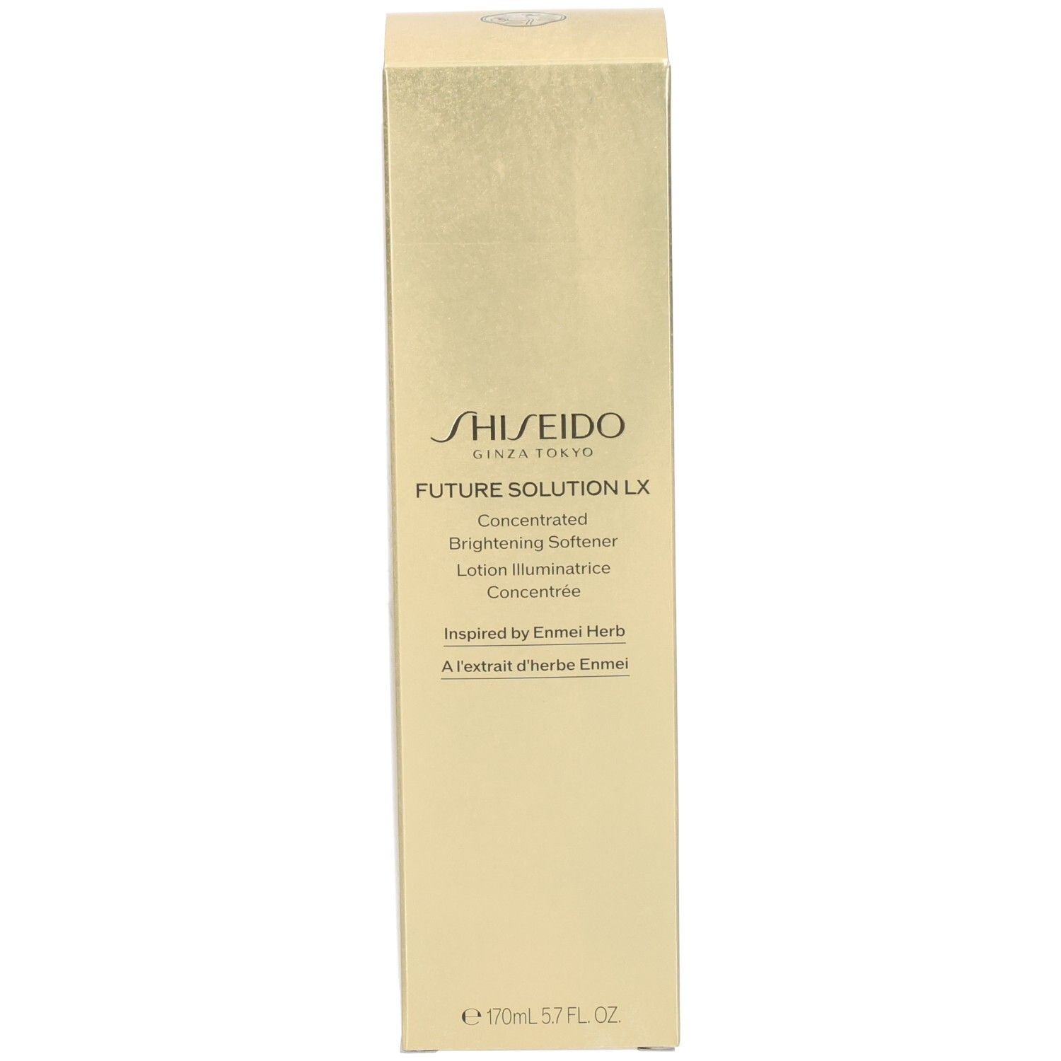 Emballage Shiseido Future Solution LX Brightening Softener, couleur or.