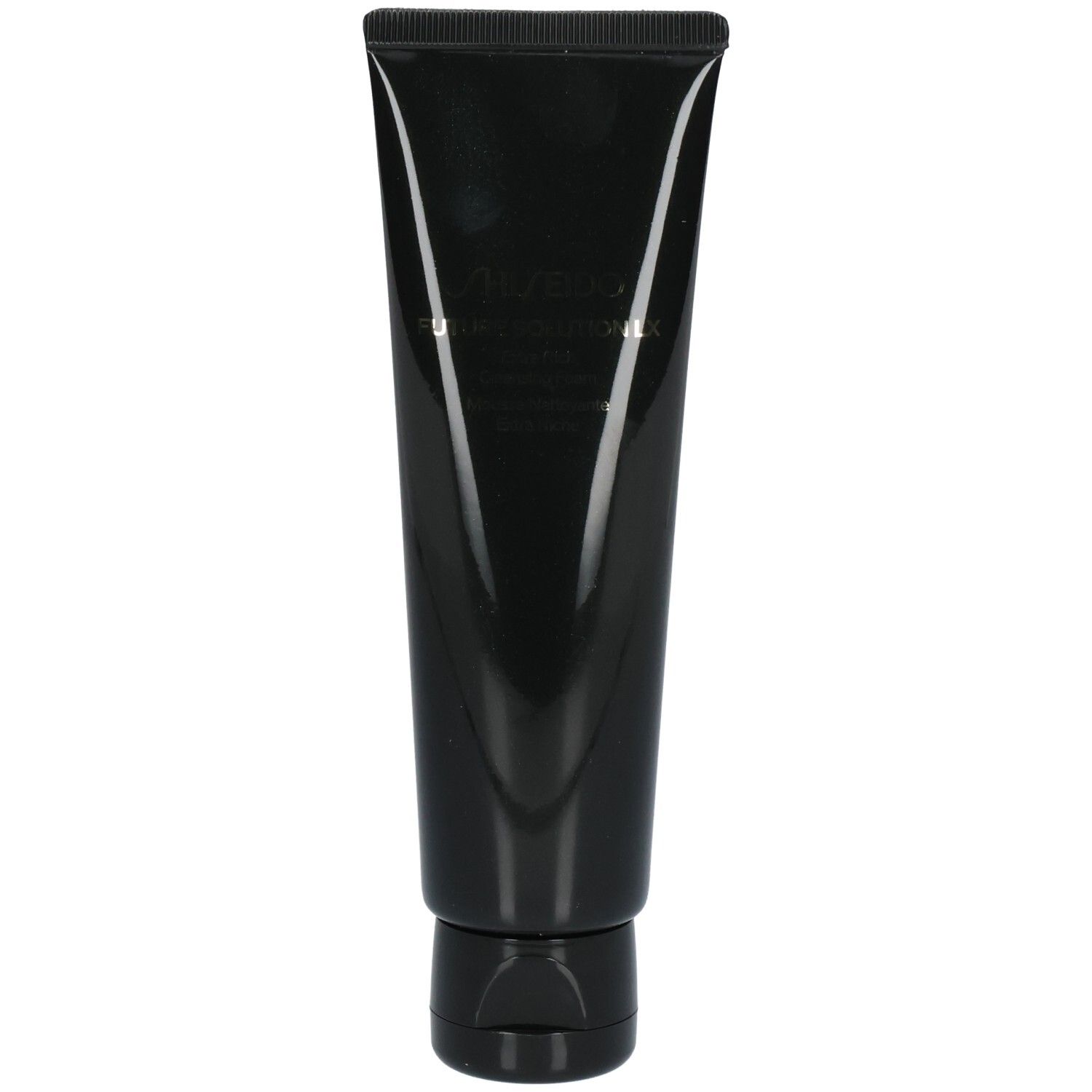 Zwarte tube met zwarte klepdeksel. Bevat Shiseido Future Solution LX Mousse Nettoyante Extra Riche S.