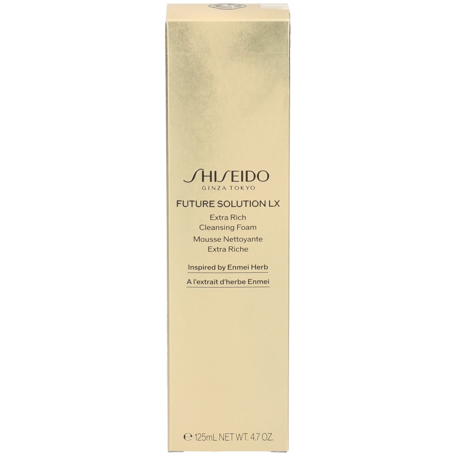 Gouden Shiseido Future Solution LX Extra Rich Cleansing Foam verpakking met productinformatie.