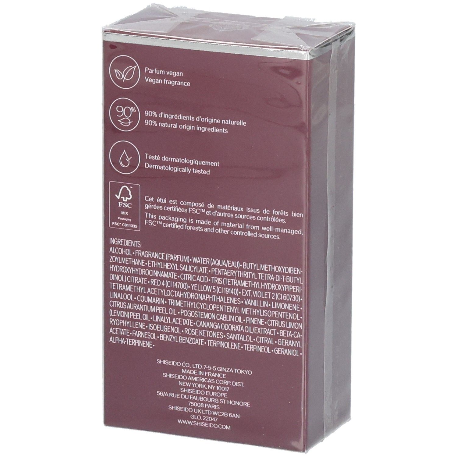 Achterkant van de Shiseido Ginza Datura Eau de Parfum verpakking met vegan keurmerken.
