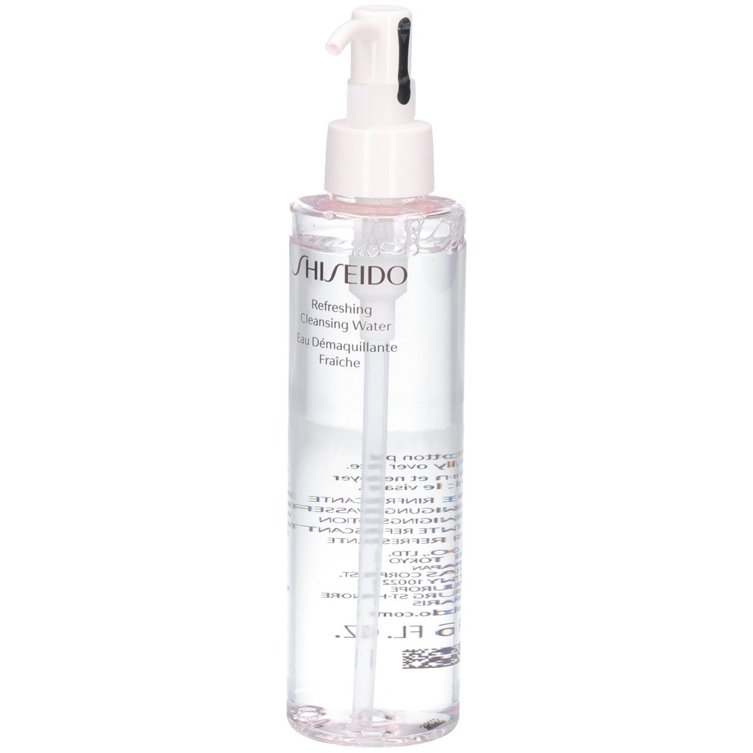 Shiseido Verfrissend Reinigingswater in doorzichtige fles met pompdosering.