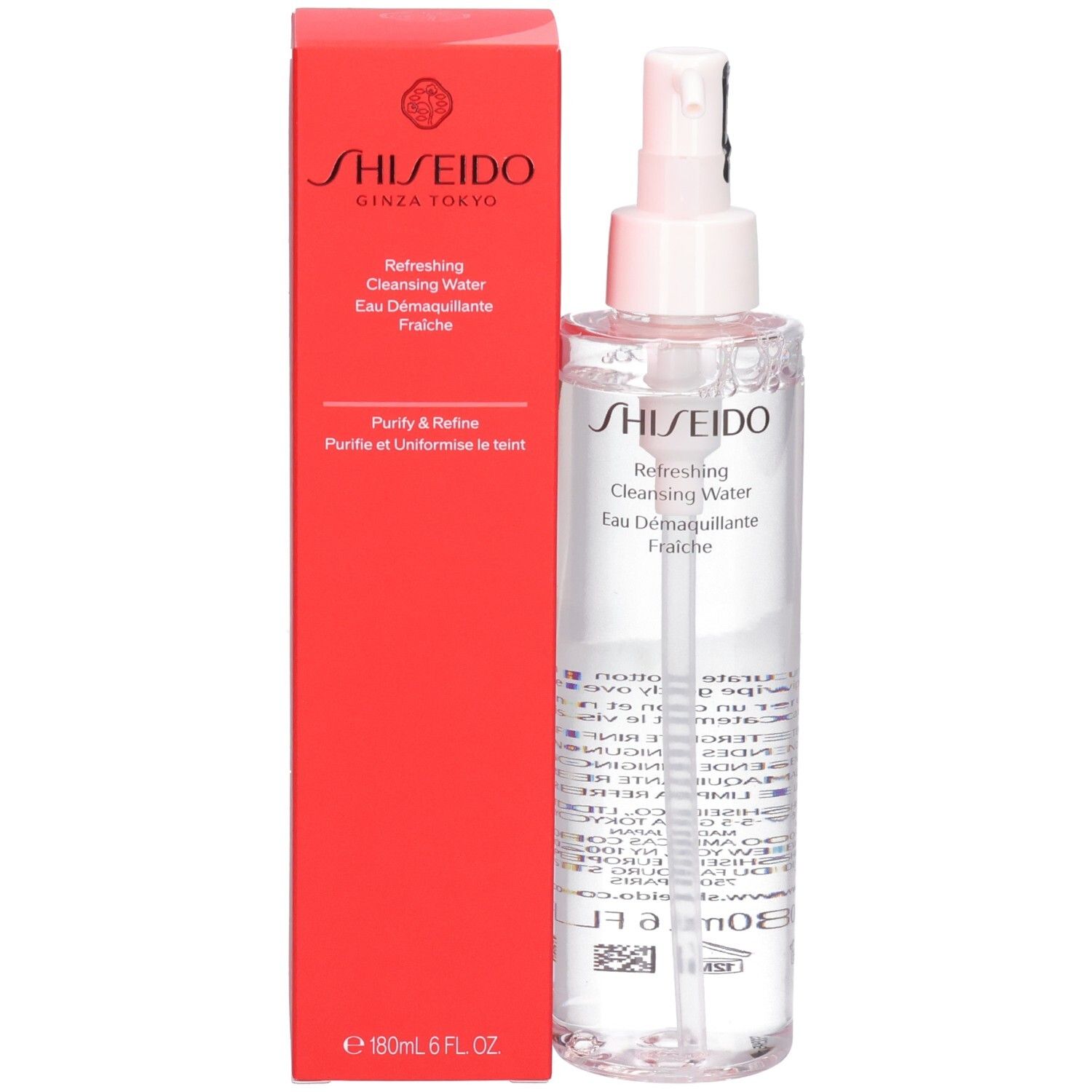 Shiseido Verfrissende Reinigingswater in een doorzichtige fles met pompspray en rode doos.