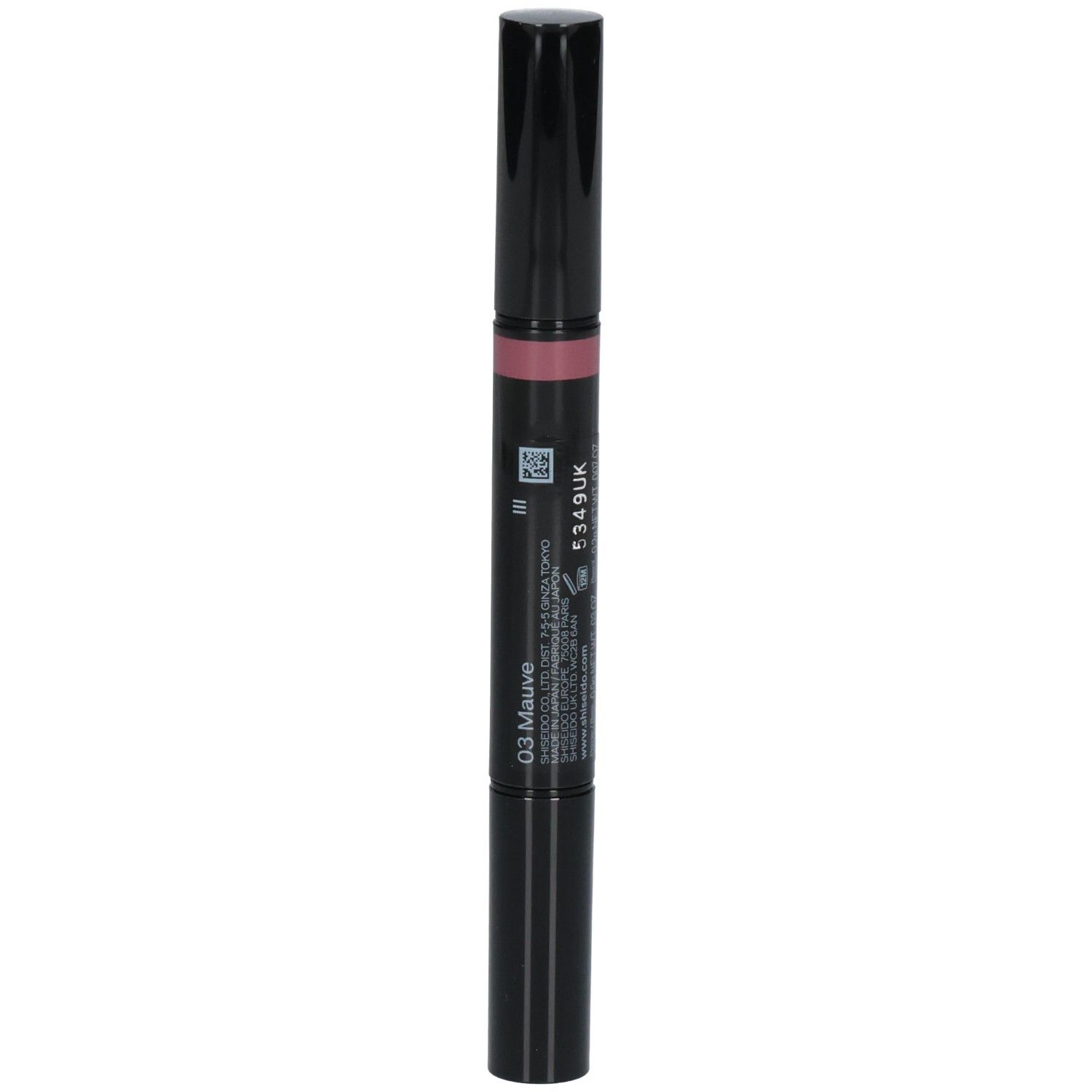 Zwarte dubbelzijdige lipstick met mauve applicator.