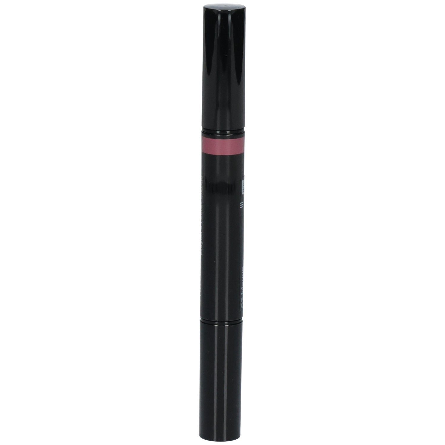 Een zwarte, slanke lipstick applicator met een roze punt aan één uiteinde.