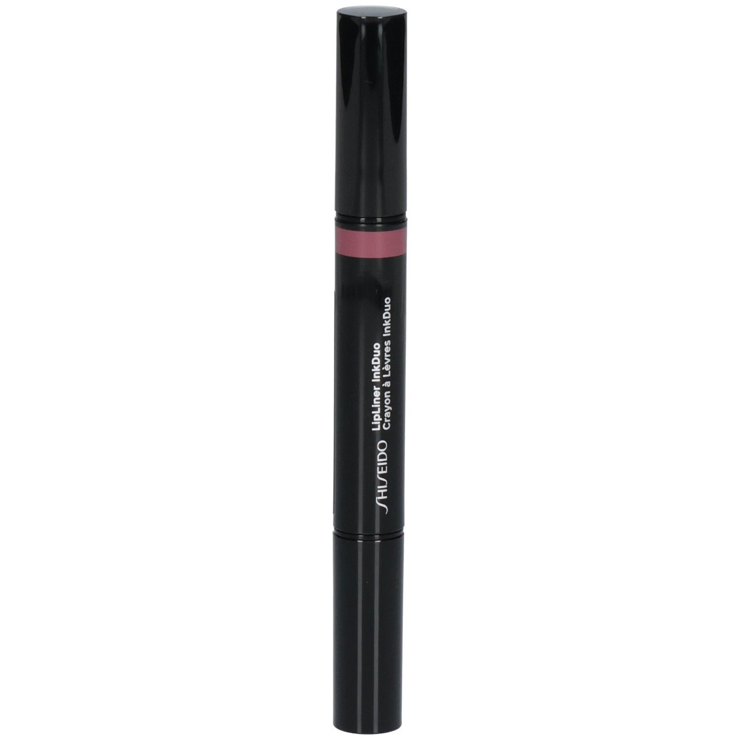 Shiseido LipLiner InkDuo, zwarte dubbelzijdige lipstick met mauve applicator.