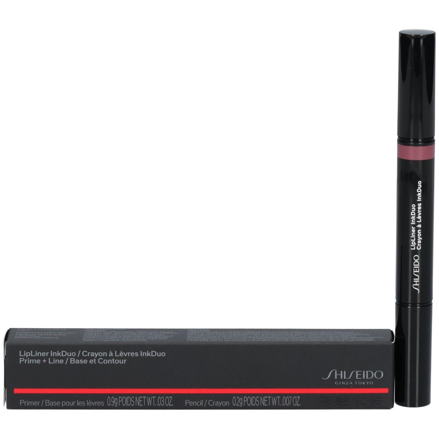Shiseido LipLiner InkDuo pen en verpakking in zwart en rood.