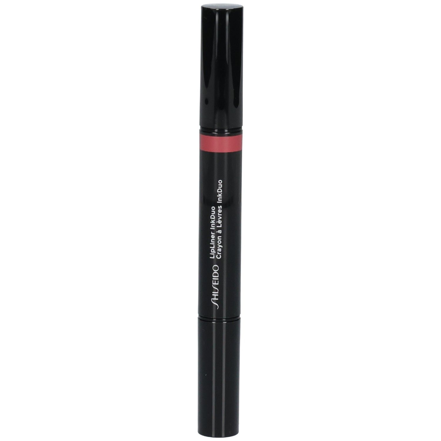 Stylo Shiseido Lipliner InkDuo noir avec applicateur rose.