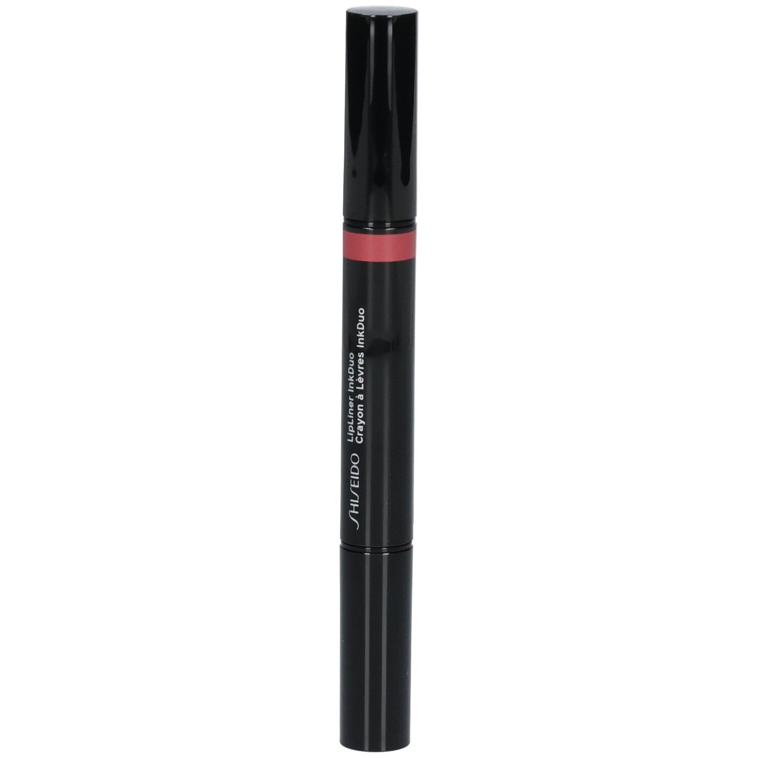 Bâton de rouge à lèvres noir à deux extrémités, une noire et une rose. Logo Shiseido visible.