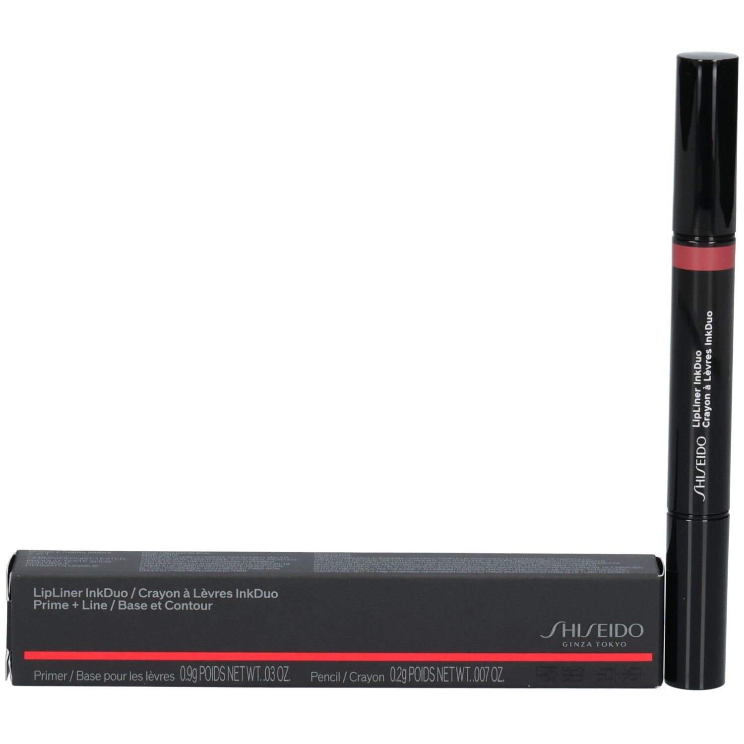 Stylo Shiseido LipLiner InkDuo en teinte rose foncé. Comprend une base et un crayon contour.