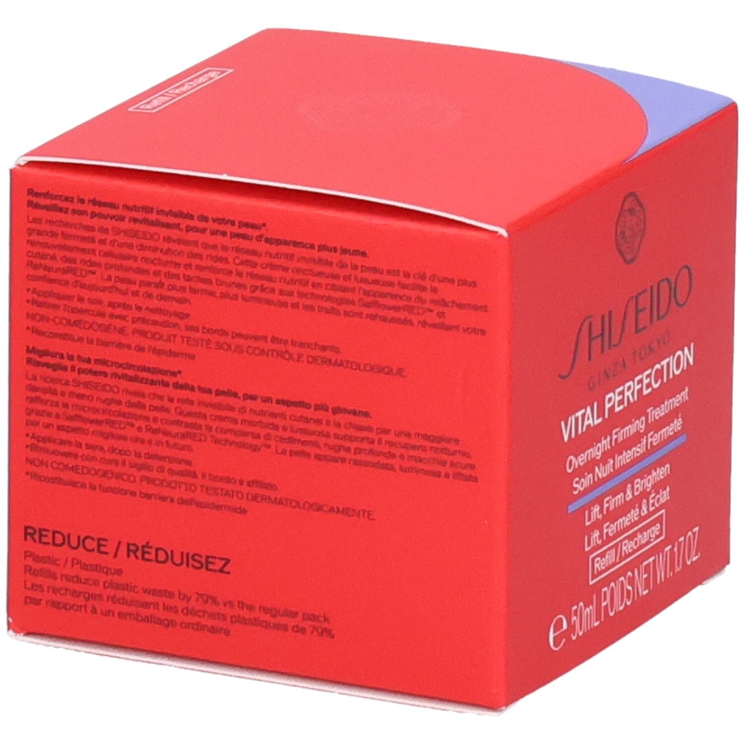 Shiseido Vital Perfection Crème raffermissante et liftante, Recharge. Boîte rouge avec texte.