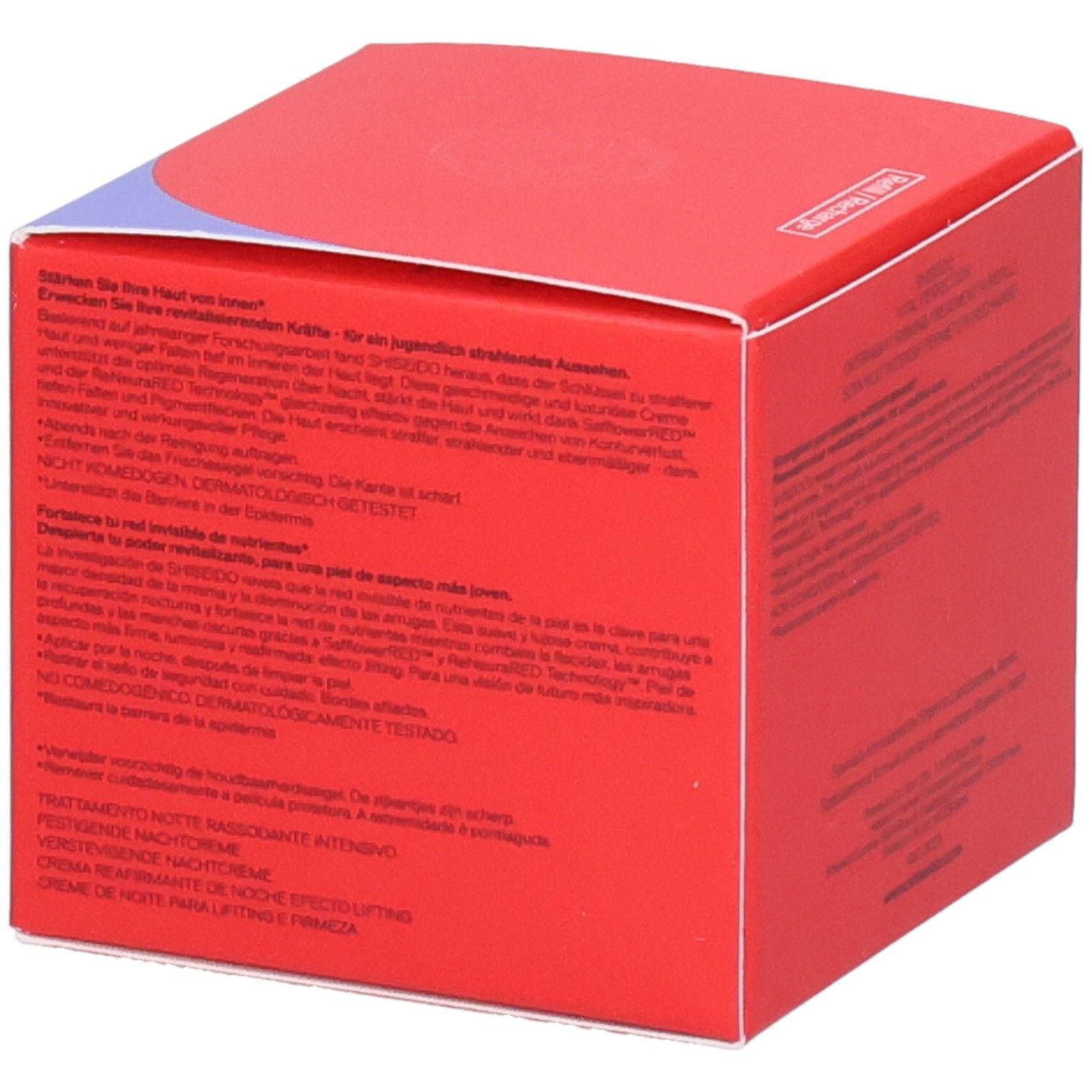 Boîte Shiseido rouge avec informations produit et logo.