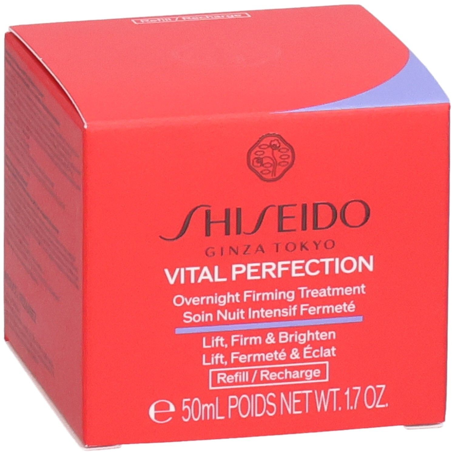Shiseido Vital Perfection Soin Raffermissant Nuit (Recharge) dans un emballage rouge, 50ml.