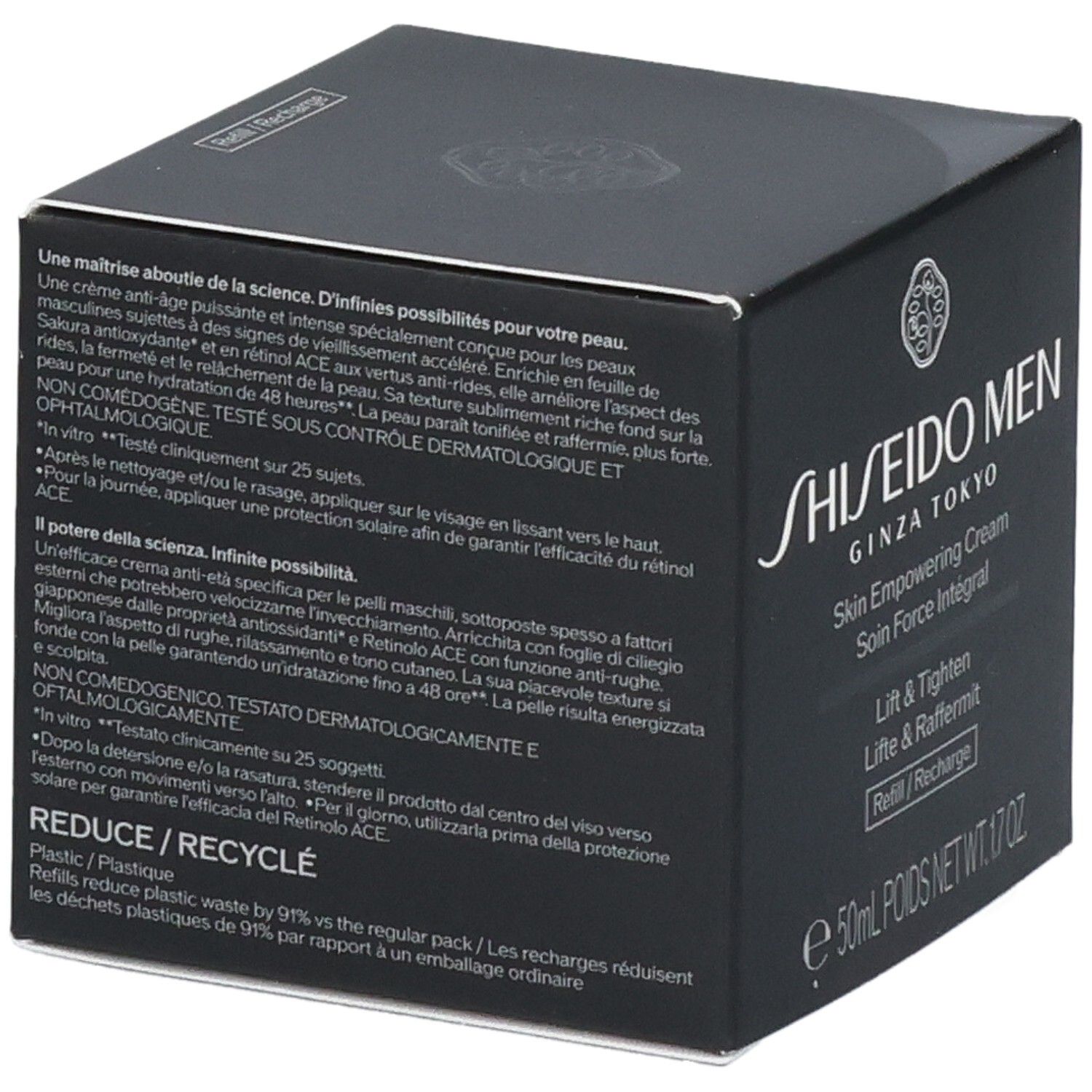 Emballage Shiseido Men Skin Empowering Cream avec informations produit et recyclage.