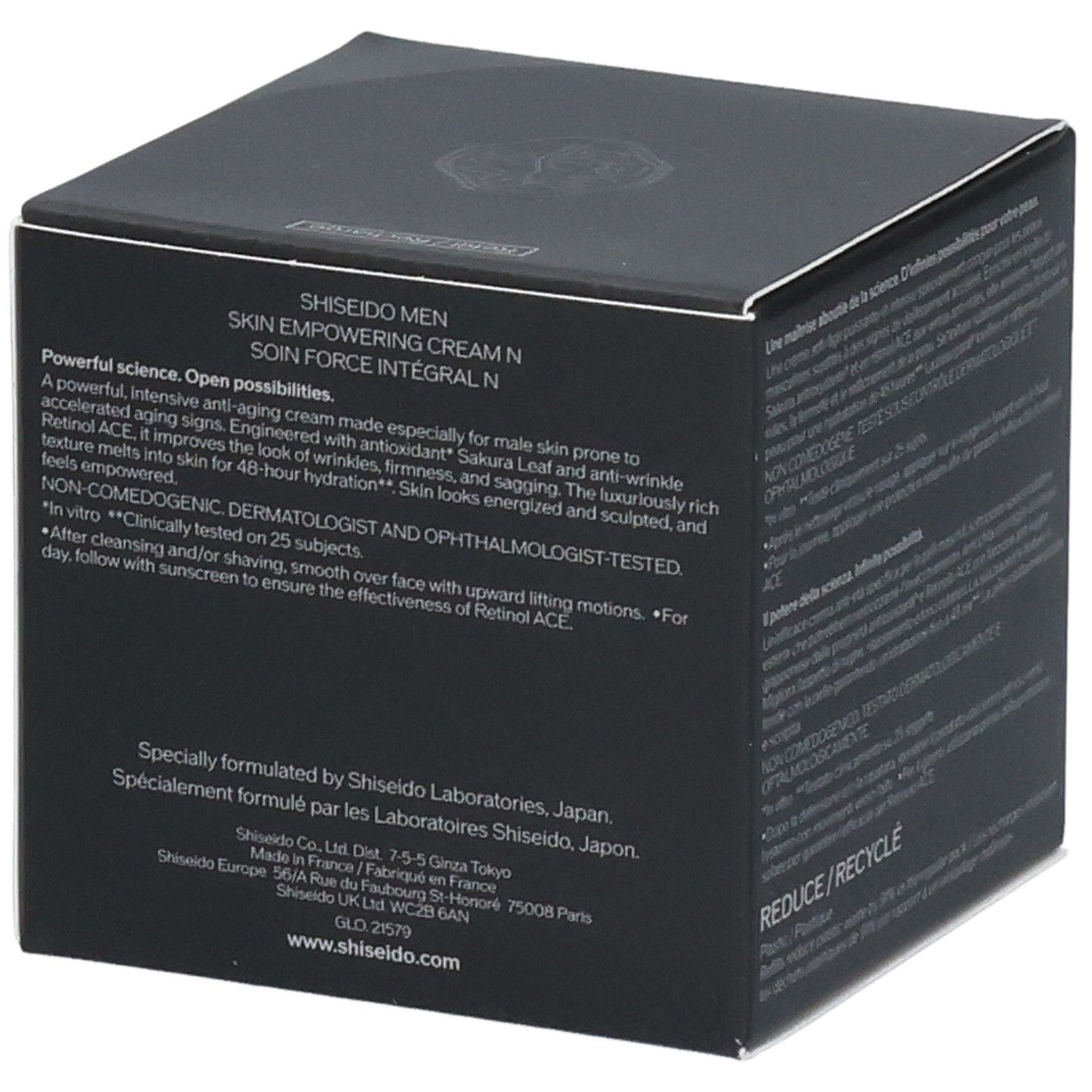 Emballage Shiseido Men Skin Empowering Cream. Crème anti-âge pour hommes. Non comédogène.