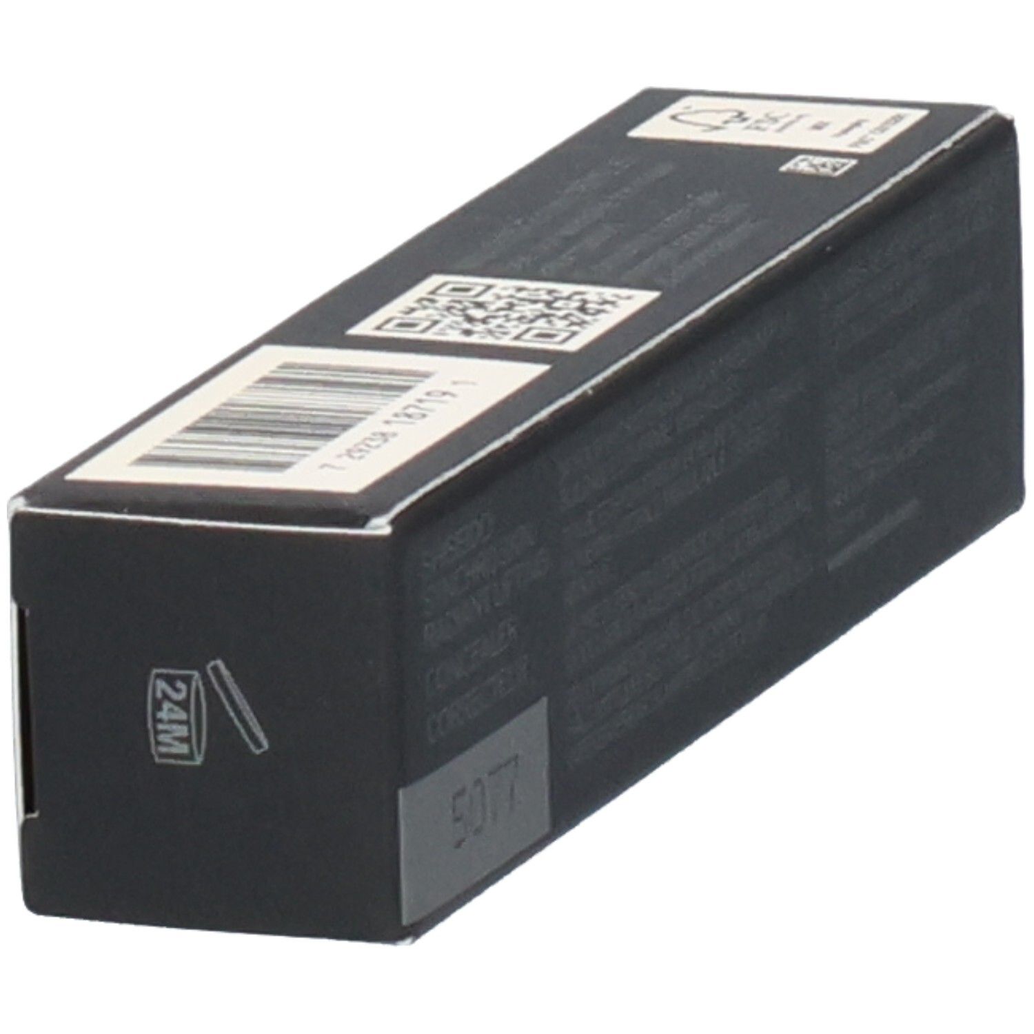 Emballage rectangulaire noir avec code-barres et code QR. Symbole indiquant 24 mois de conservation après ouverture.
