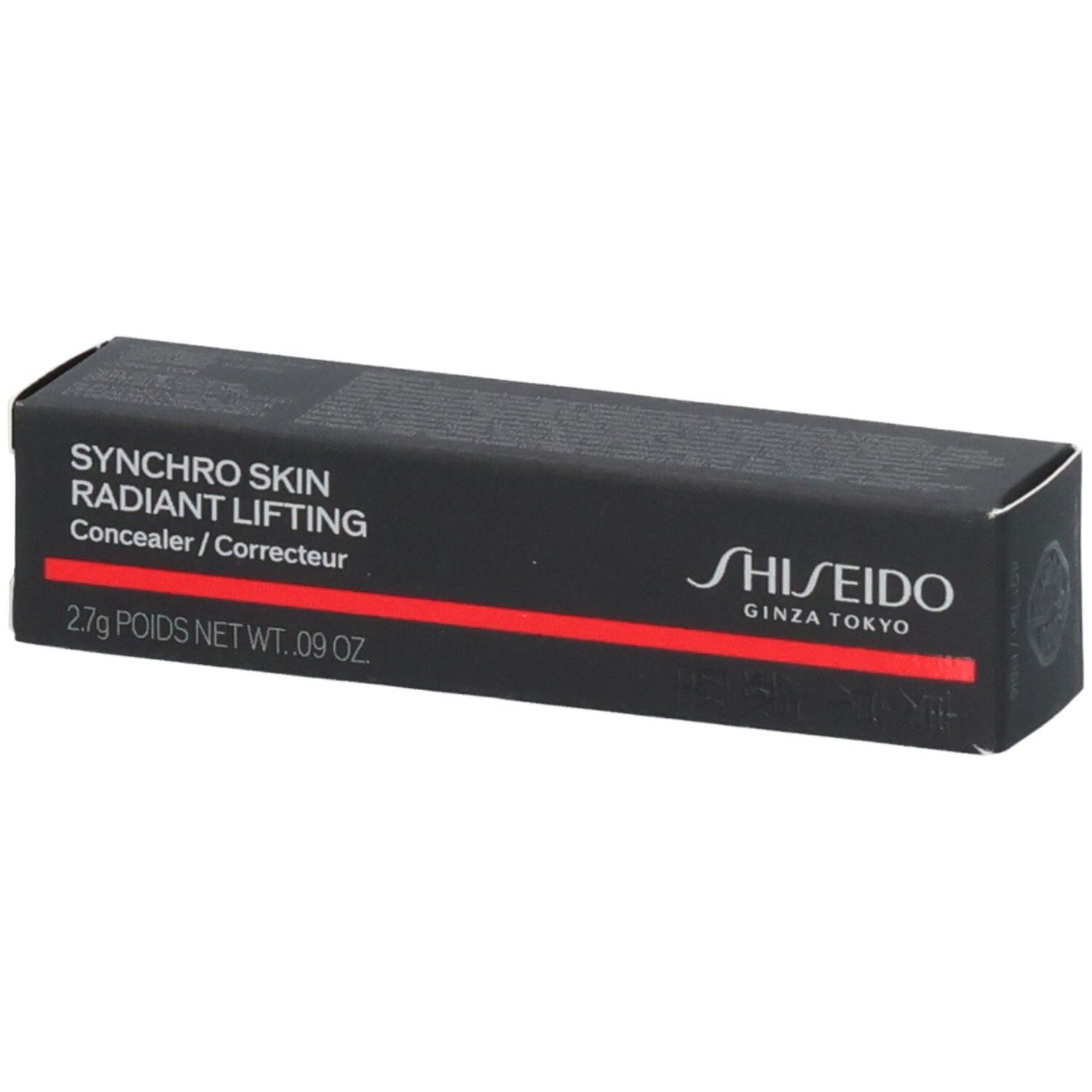 Shiseido Synchro Skin Radiant Lifting Concealer doos, zwart met rode streep.
