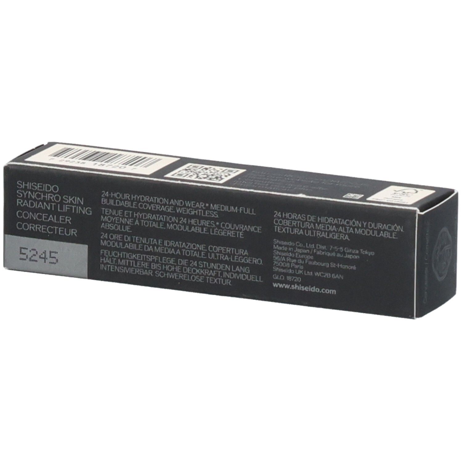 Achterkant van de Shiseido Synchro Skin Radiant Lifting Concealer doos met productinformatie.