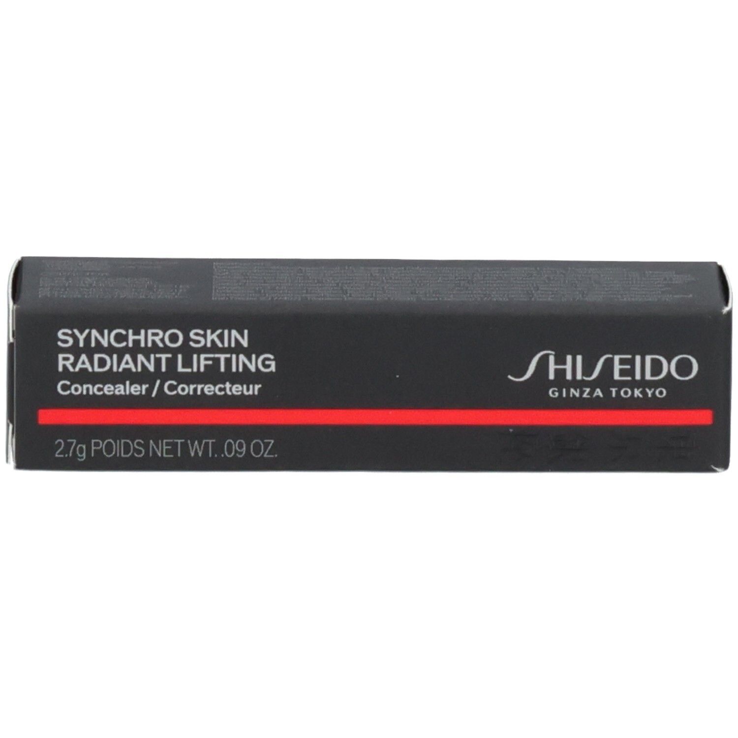 Shiseido Synchro Skin Radiant Lifting Concealer doos, zwart met rode streep.