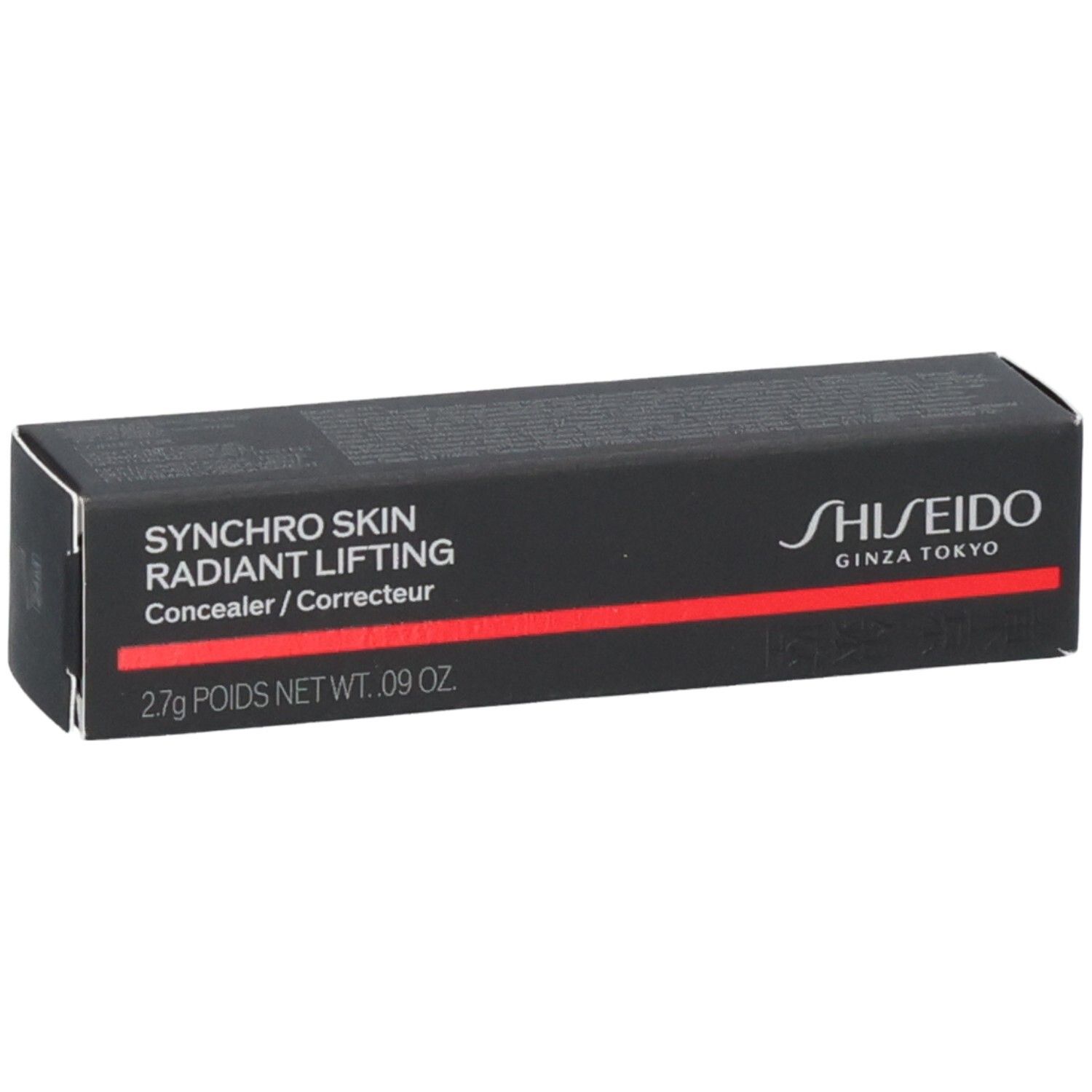 Shiseido Synchro Skin Radiant Lifting Concealer doos, zwart met rode streep.