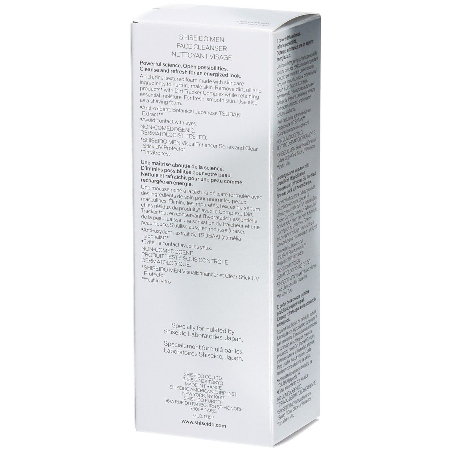 Shiseido Men Face Cleanser kartonnen verpakking met productinformatie.