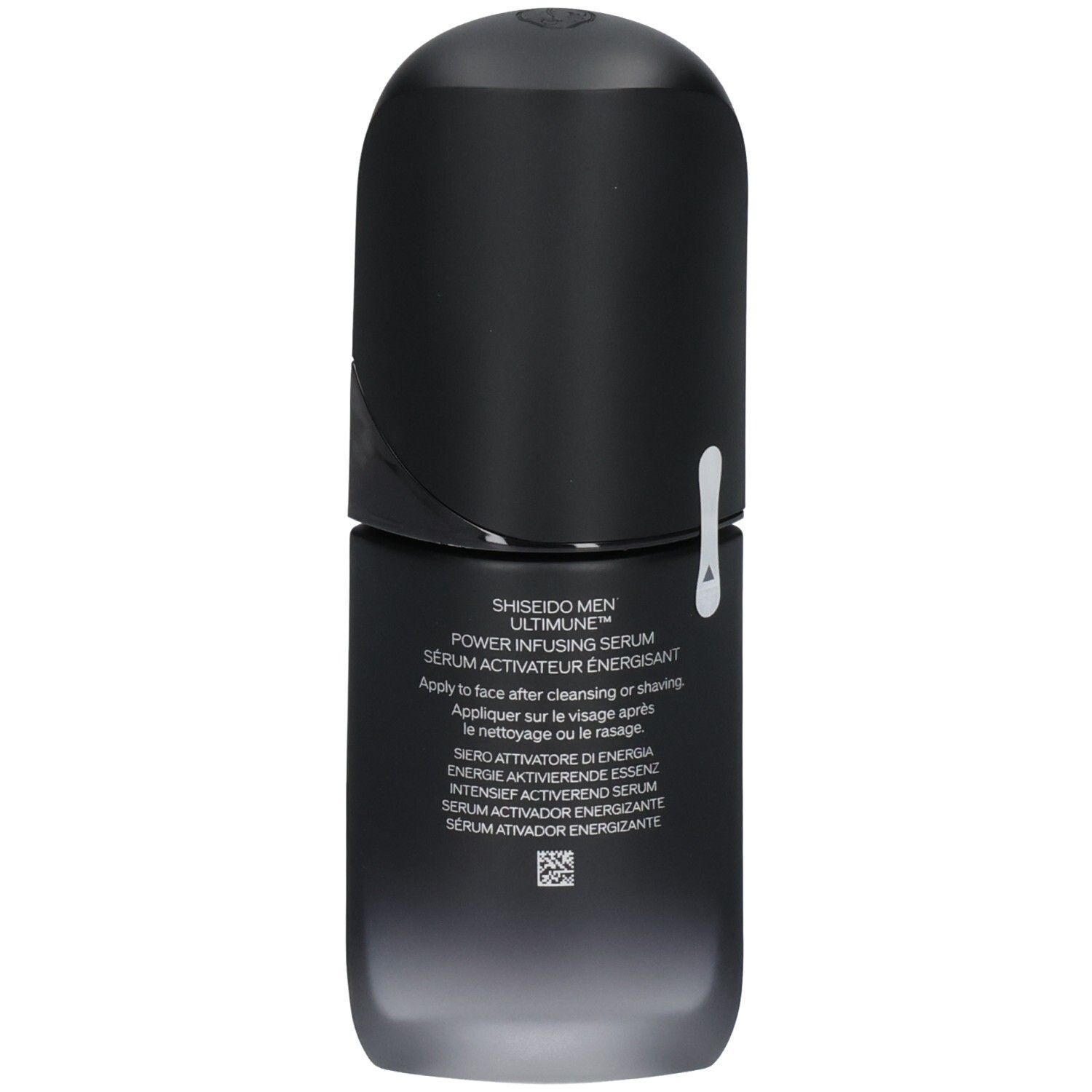 Achterkant van het Shiseido Men Ultimune Power Infusing Serum flesje met gebruiksinstructies.