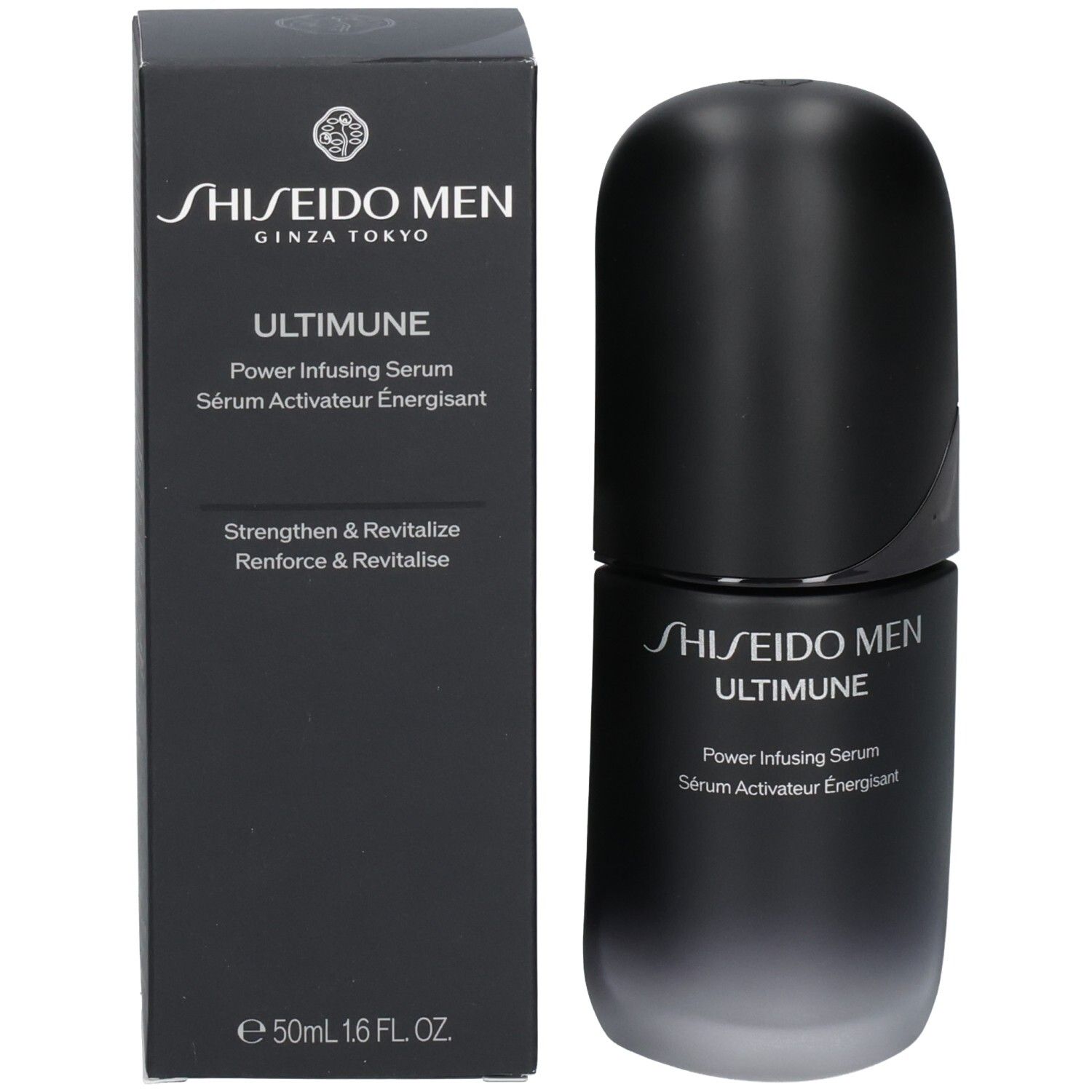 Shiseido Men Ultimune Power Infusing Serum flesje naast de zwarte productverpakking.