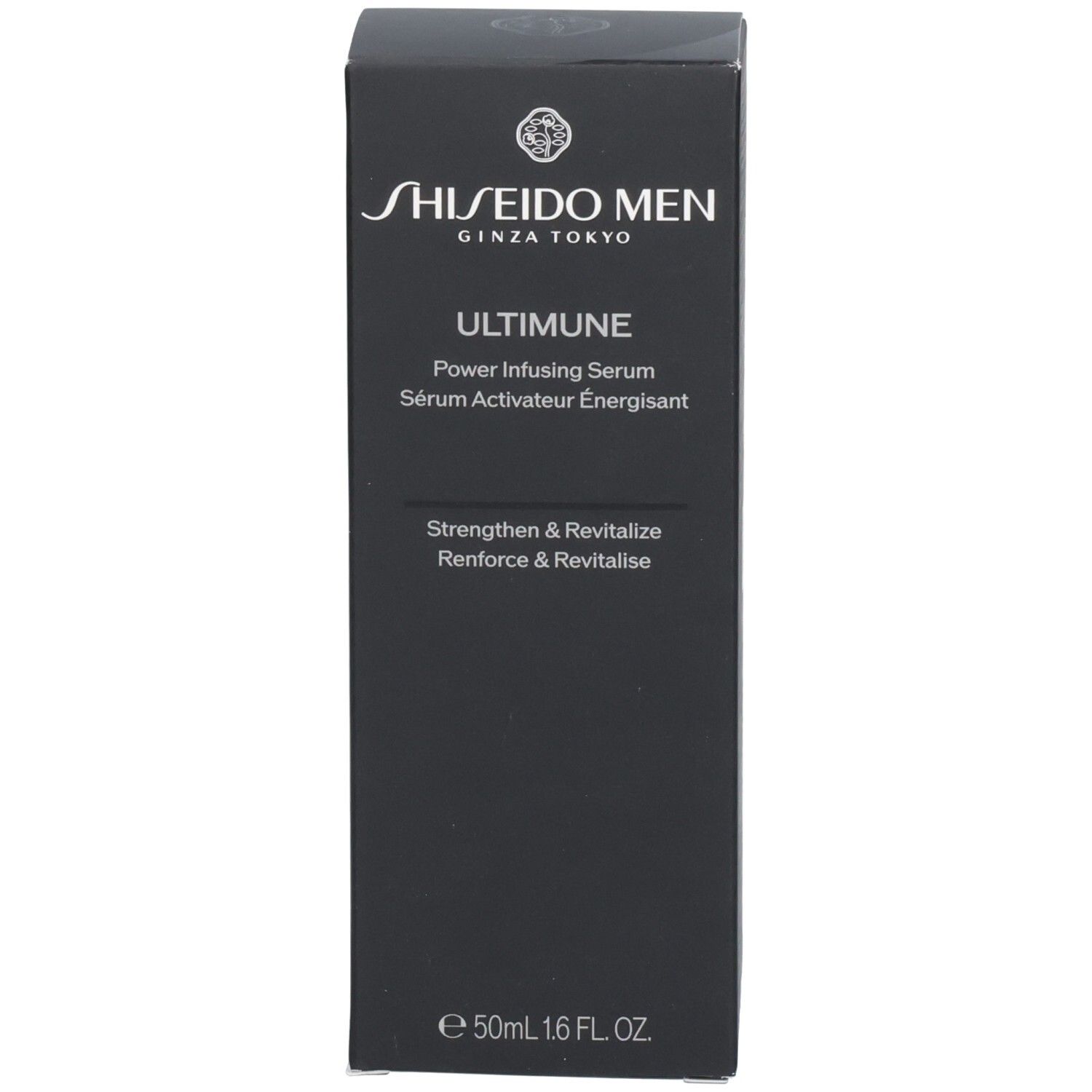 Zwarte Shiseido Men Ultimune Power Infusing Serum productverpakking met tekst.