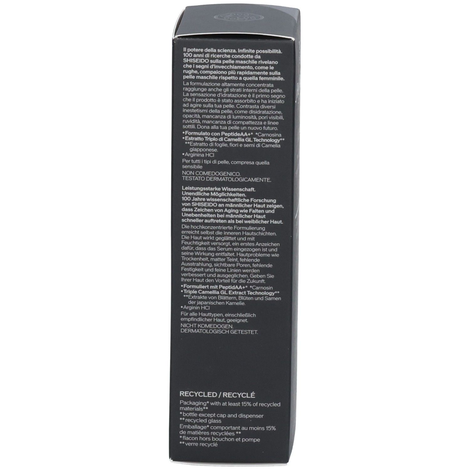 Zijaanzicht van de Shiseido Men Ultimune Power Infusing Serum verpakking met gedetailleerde informatie.