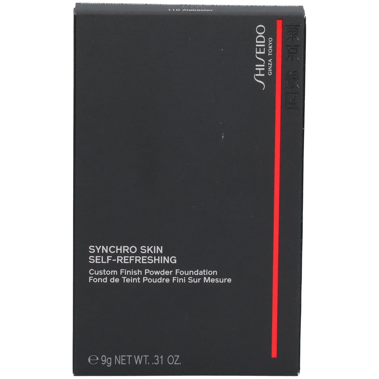 Zwarte verpakking voor Shiseido Synchro Skin Zelfverfrissende Puder Foundation, 9g.