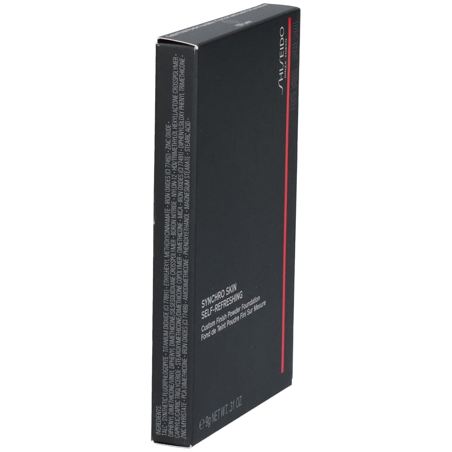 Arrière de l'emballage du fond de teint poudre SHISEIDO Synchro Skin avec ingrédients.