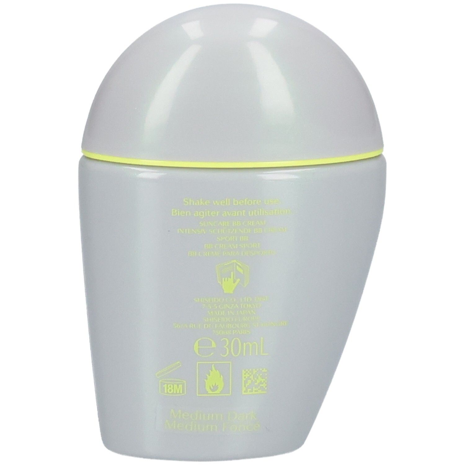 Bouteille grise avec accents jaunes et instructions d'utilisation. 30ml.