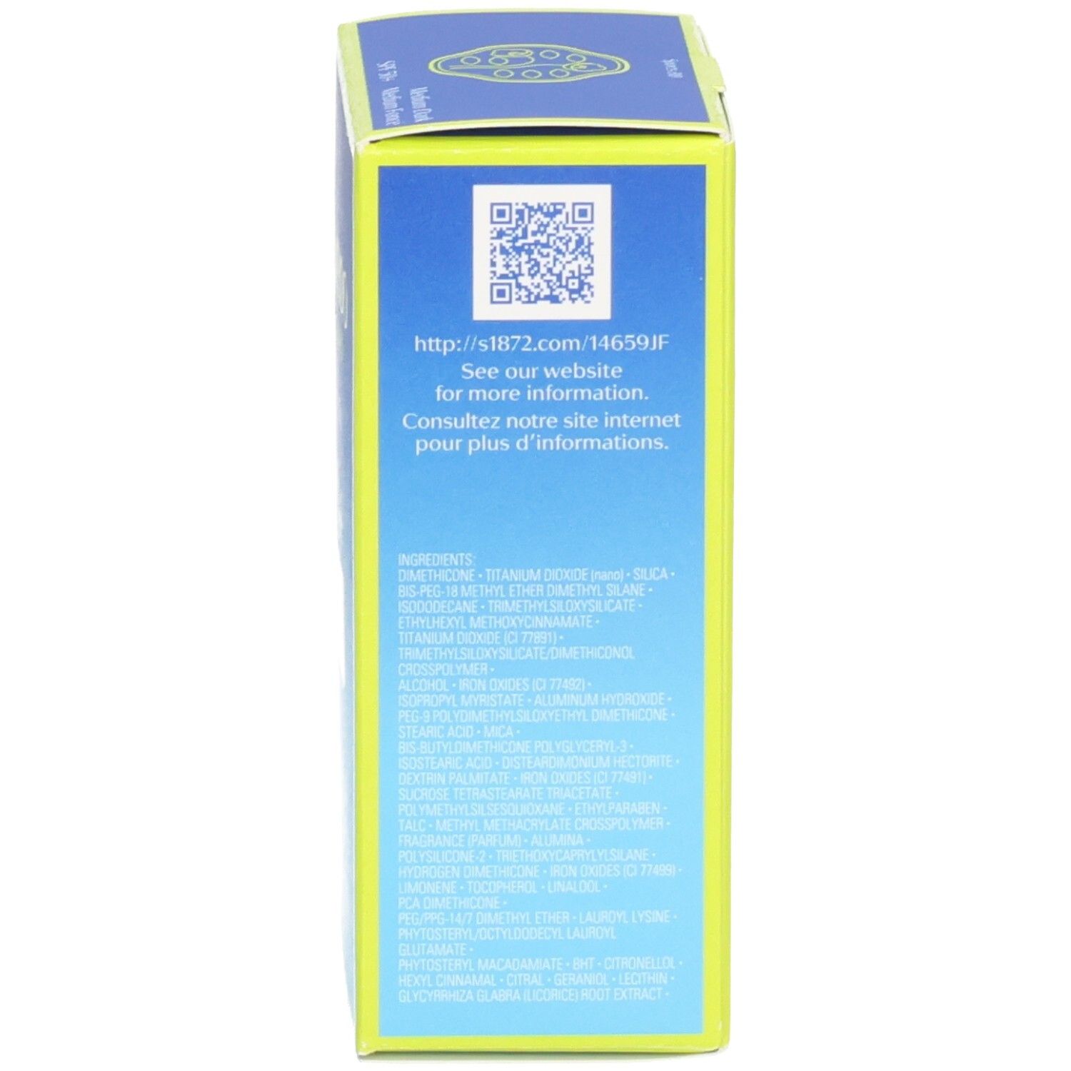 Emballage avec ingrédients et code QR. Boîte jaune et bleue.