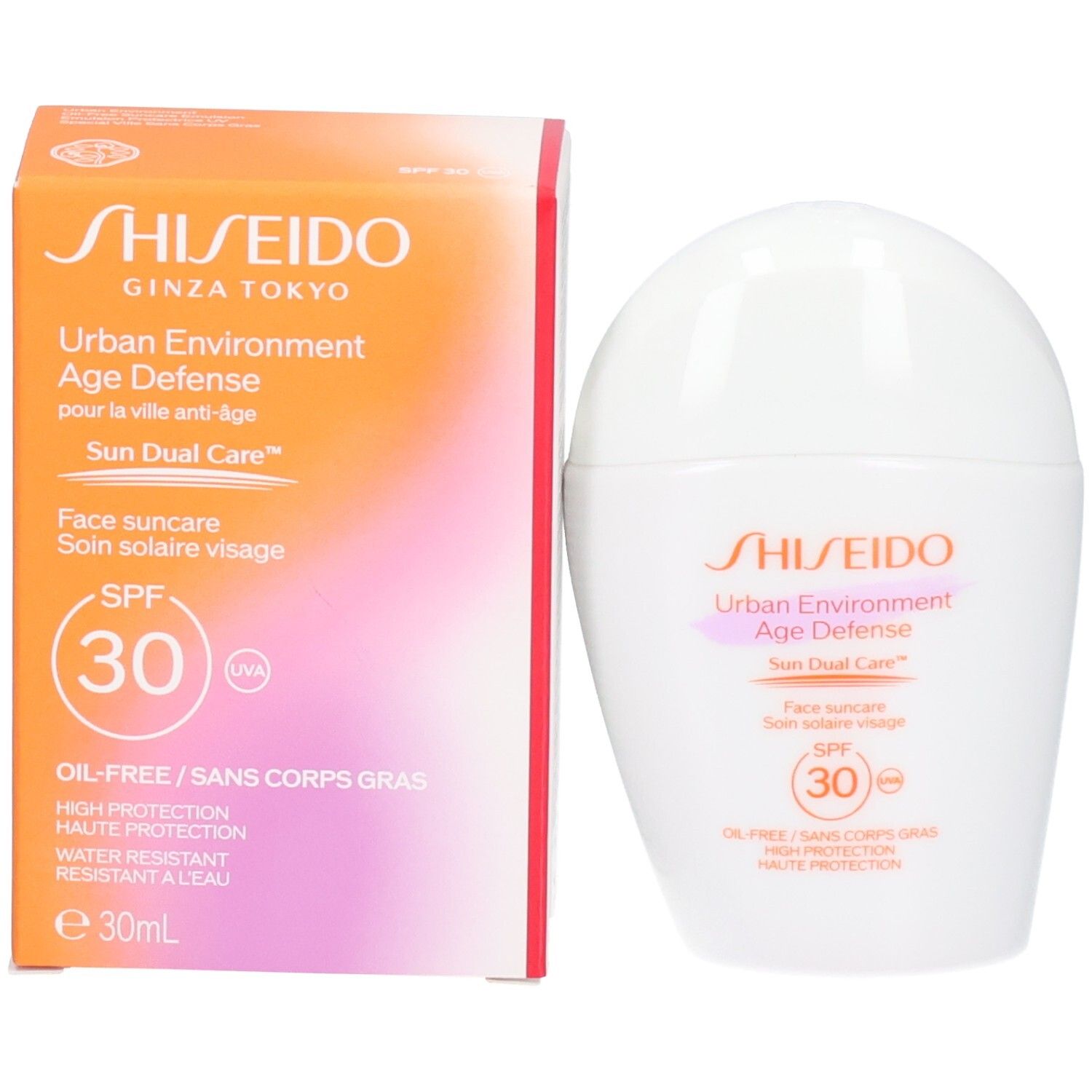 Shiseido Urban Environment Age Defense Sun Dual Care, émulsion SPF 30 avec boîte.
